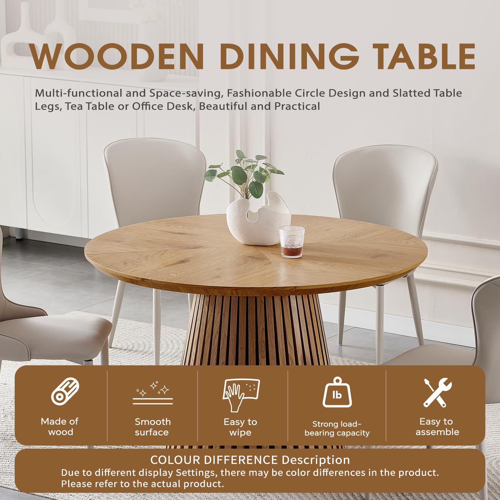 Nowoczesny okrągły stół z płyty MDF 120 cm dla 4 osób – styl wiejski z karbowaną podstawą oszczędzające miejsce meble kuchenne i jadalniane wykończenie z naturalnego drewna i stylowy design