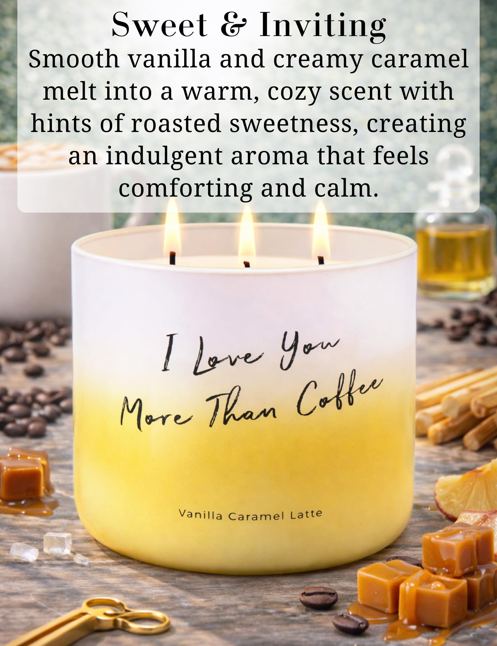 Candele profumate alla vaniglia al caramello e latte, con 3 stoppini, per la casa, con citazione "I Love You More Than Coffee", 450 ml, candele di soia naturali per donne e uomini, grande candela