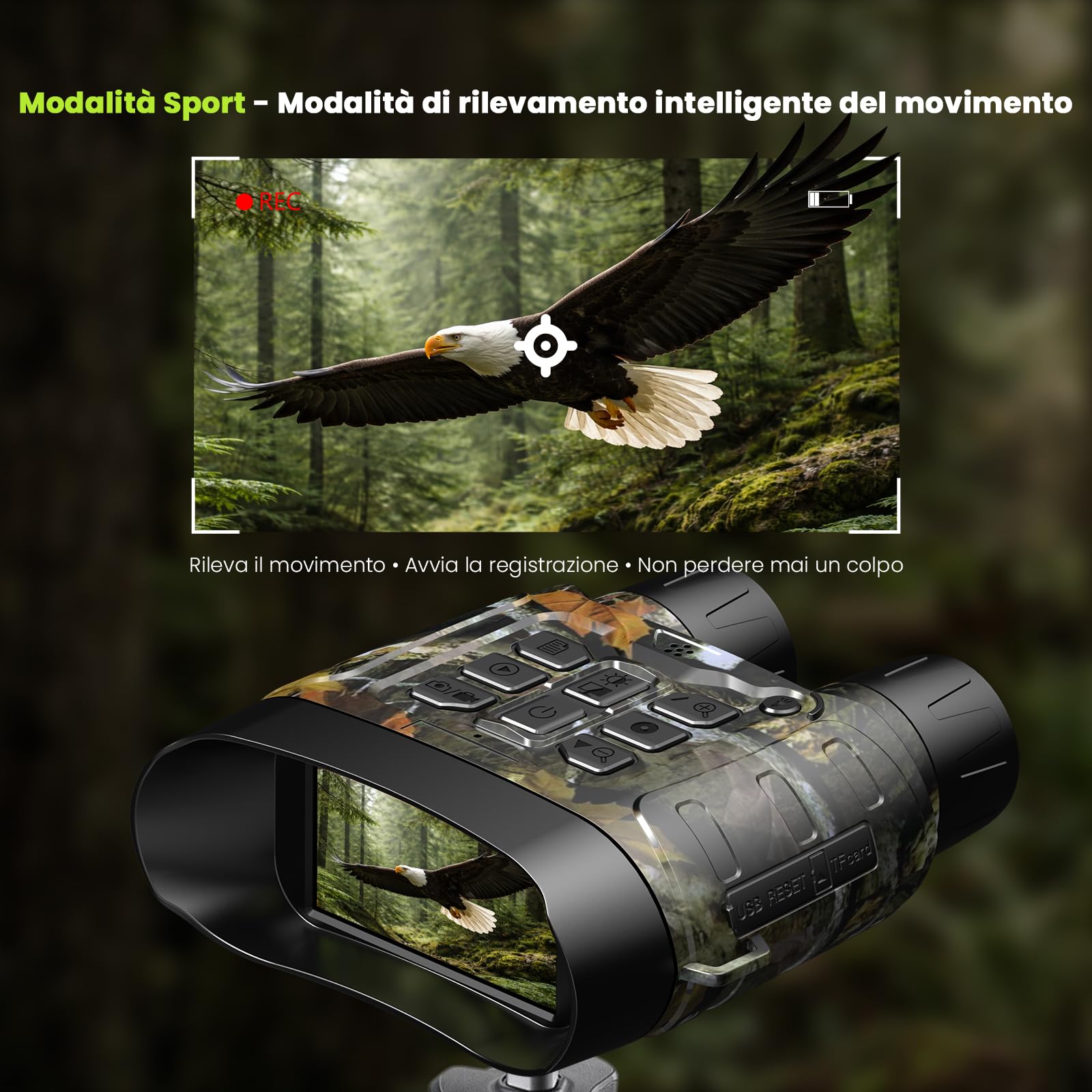 Binocolo 4K Ultra HD 112MP – Visione Notturna a Colori | 600m IR zoom 18X 5000mAh 64GB rilevamento mov. custodia regalo. Caccia campeggio uccelli. Full color notte
