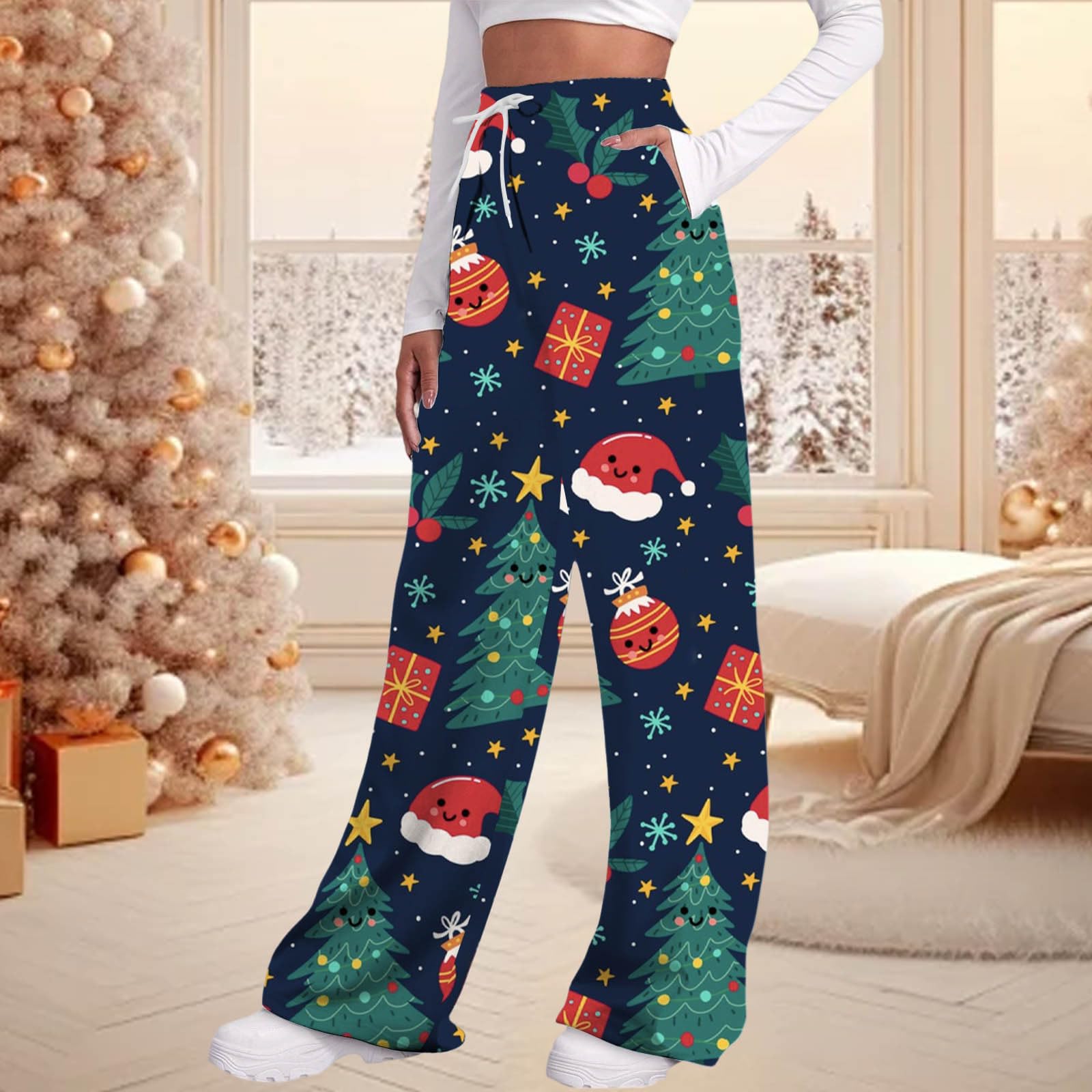Pantalon Chandal Mujer Chandal Ancho Jogger Pantalones Casuales Femeninos Tiro elástico cordón Estampado Yoga Deportivo Bolsillos Laterales Ajuste cómodo