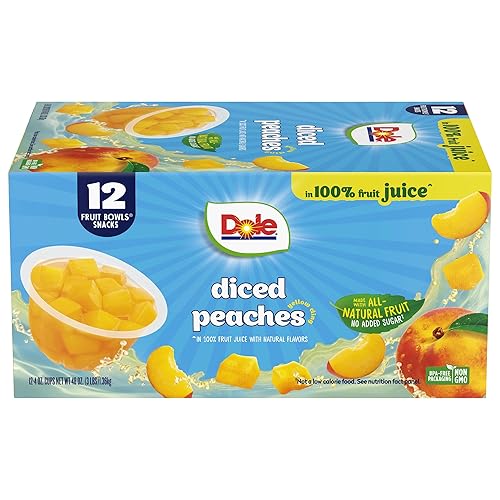 Dole recipientes con fruta, melocotones en trozos con 100% jugo, sin gluten, bocadillo saludable, 4onzas, 12unidades en total