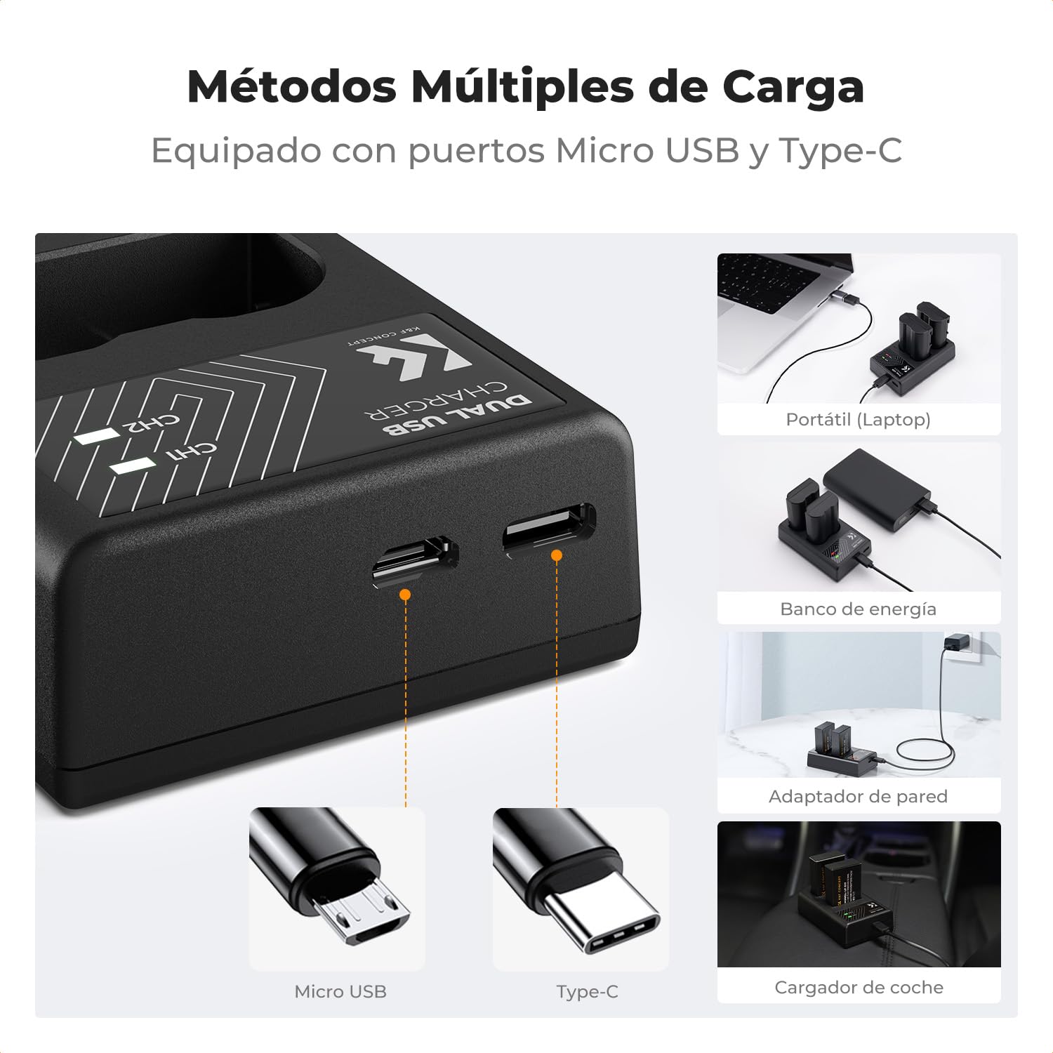 K&F CONCEPT Baterías EN-EL15/15A/15B Compatible con Nikon D7500/D850/D810/D750/D500, Z5/Z6II/Z7II, 2 Baterías 2100mAh, Cargador Dual USB-C/Micro USB