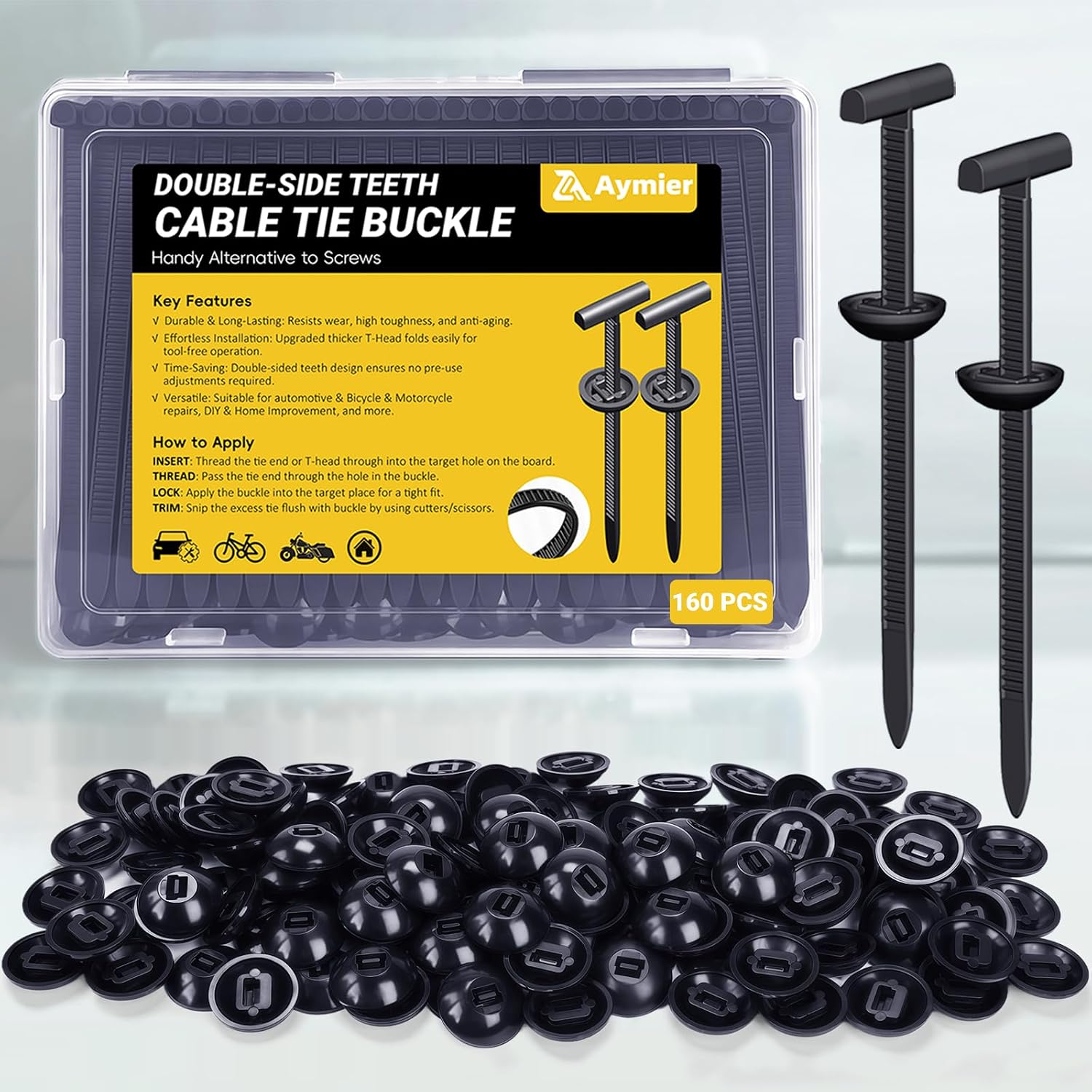 Aymier 160Pcs Upgraded Double-Side Teeth Self-Locking Nylon Universal Cable Tie Buckle, for Car Fender Trunk Bumper Repair, Home & Garage, with T Rivet Zipties Ties Holders Kit, Patent Pending