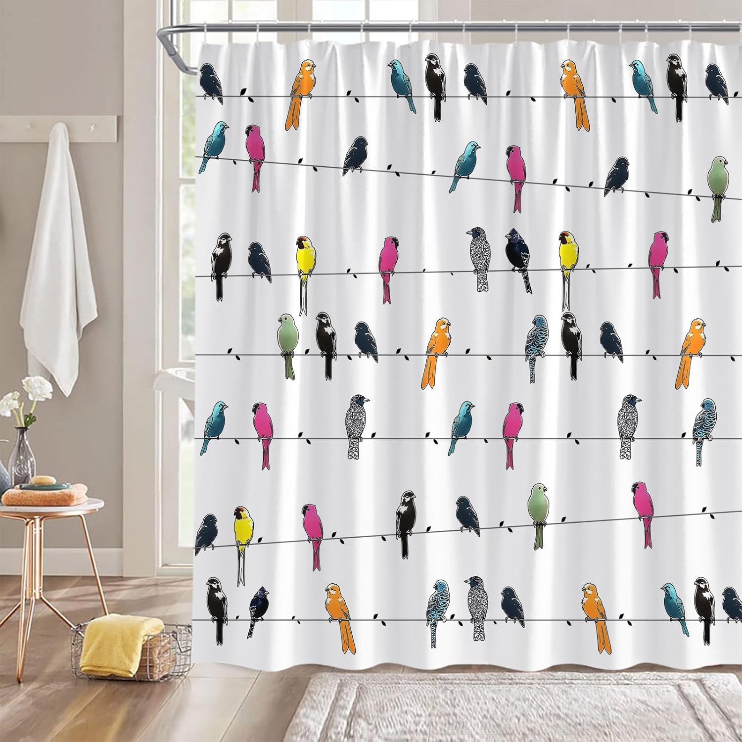 Bird Shower Curtain Birds on Tree Cute Colorful Boho Floral Funny Animal Farmhouse,White 70" Wx78 H Fabric Bathroom Decor Curtain with Hooks