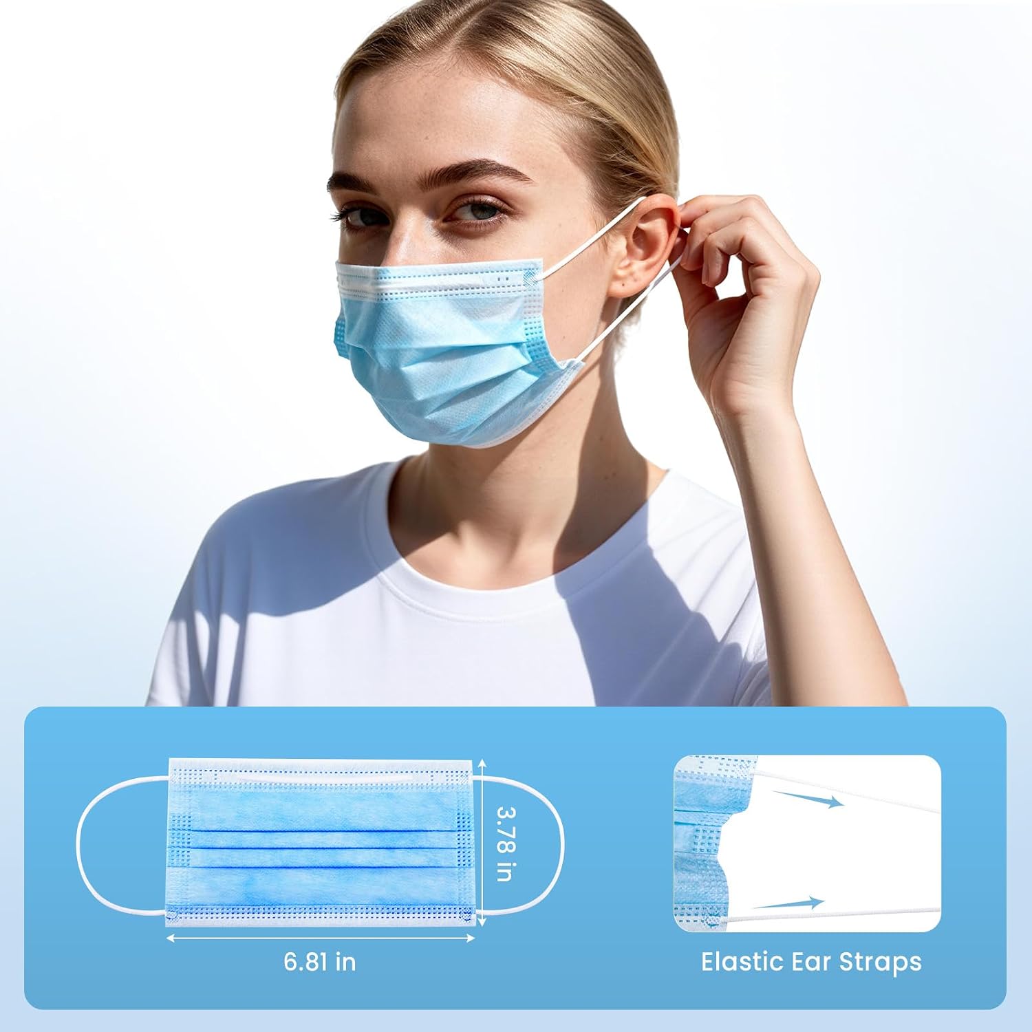 Disposable Face Masks 100 Pack, 3-Ply Breathable Masks with Soft Comfortable Earloops, Adjustable Nose Clip for Office, Travel, School & Public Use, Blue