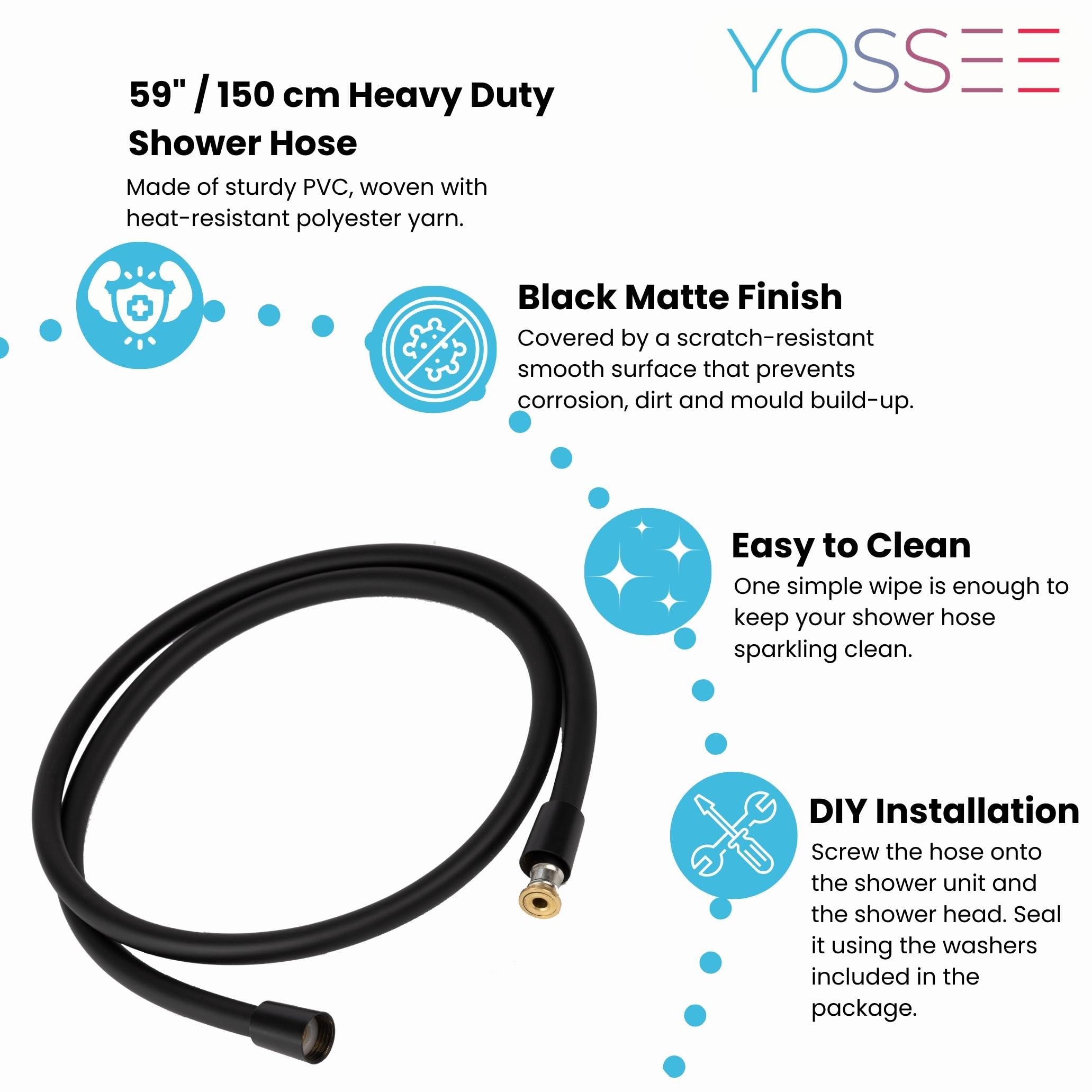 YOSSEE 1.5m Tubo Doccia Flessibile Nero PVC Di Ricambio Universale, Antipiega E A Prova Di Perdite E Resistente Ad Alta Temperatura Connettore In Ottone