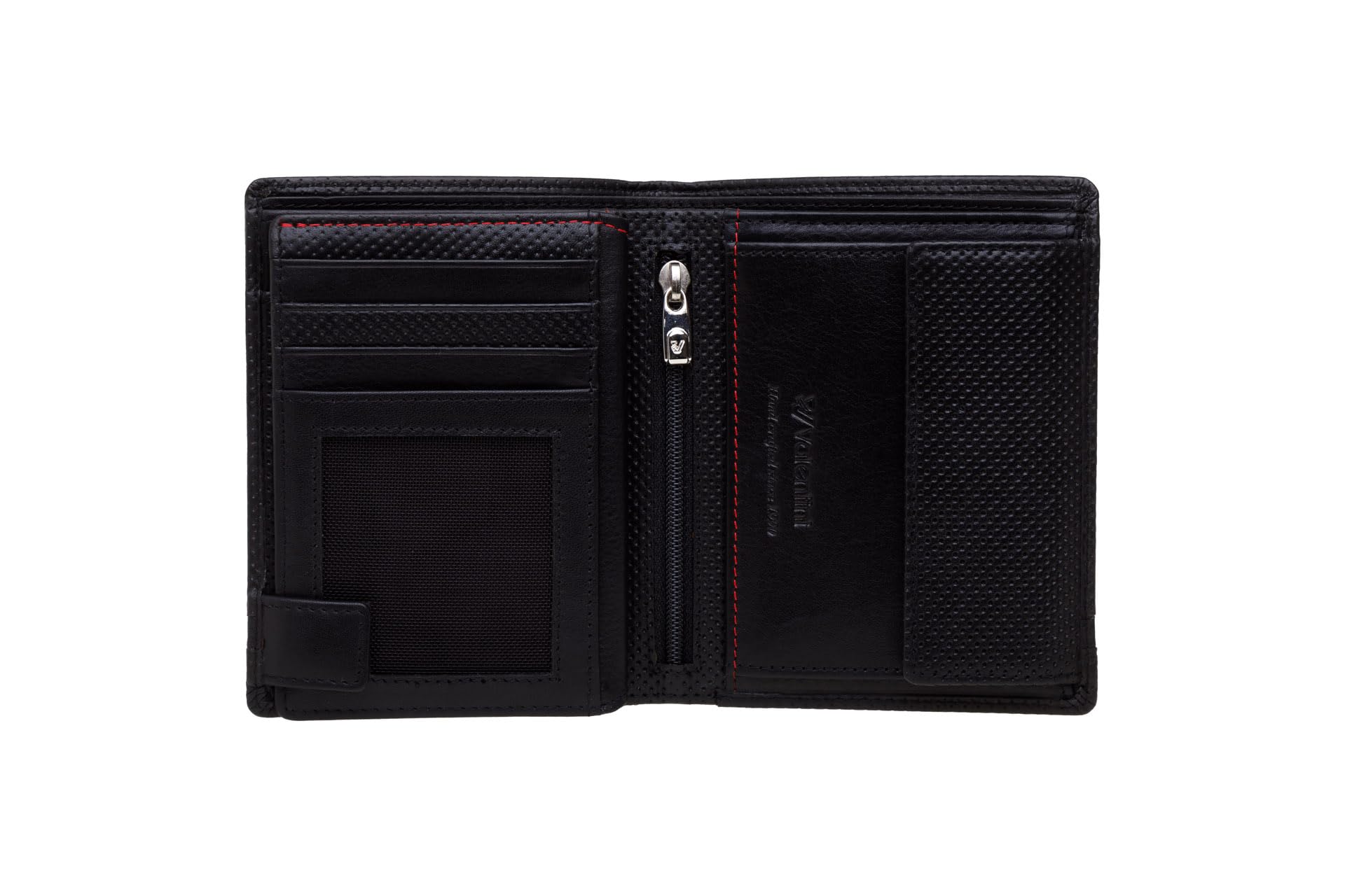 Valentini Portfel Męski - 13 Przegródek na Karty i Dokumenty - Ochrona RFID - Skóra Naturalna - 10 x 12,5 cm Czarny Perforated