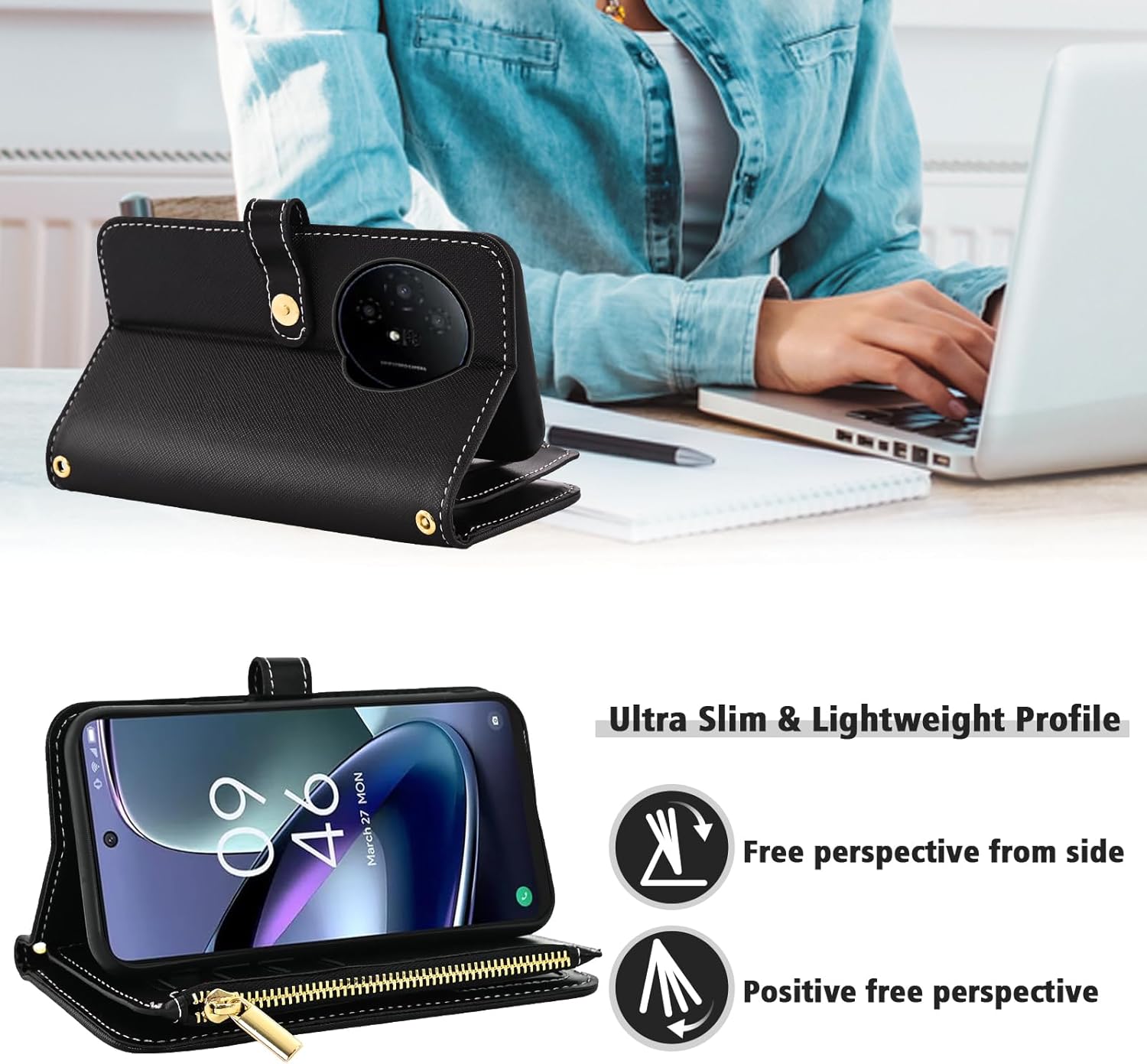 Floral Wallet Case for TCL 50 XL 5G with Wrist Strap Shoulder Strap Flip Zipper Purse, Luxury PU Leather Credit Card Holder Stand Accessories Cell Phone Cover for TCL50XL 50XL T702W Women Black
