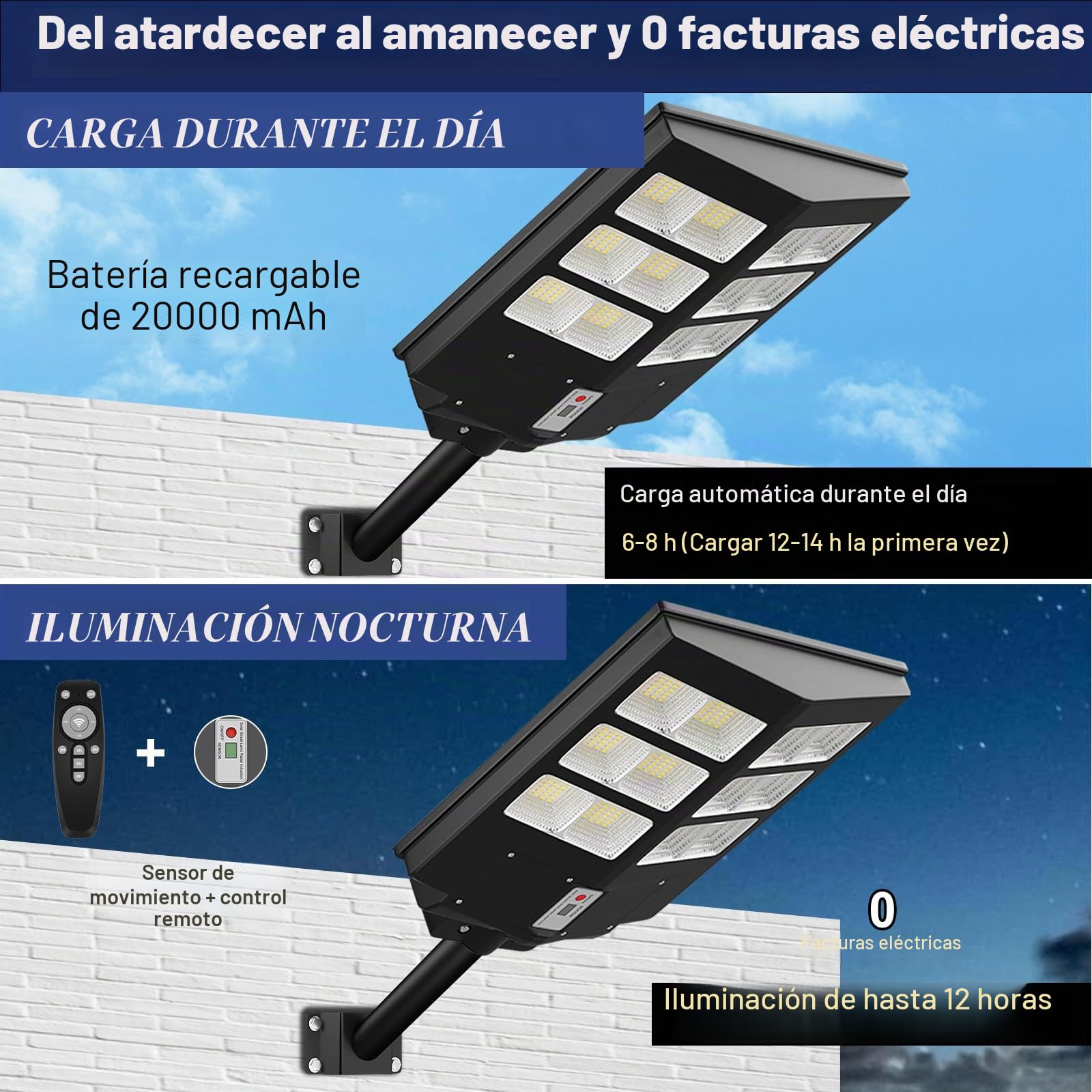 iodoo Focos Solares con Sensor de Movimiento 3600 W, 240 LED 36000 lm Iluminación Gran Angular Farolas Solares, IP66 Resistente Alagua, Foco Solar Exterior para Patios y áreas de Juego