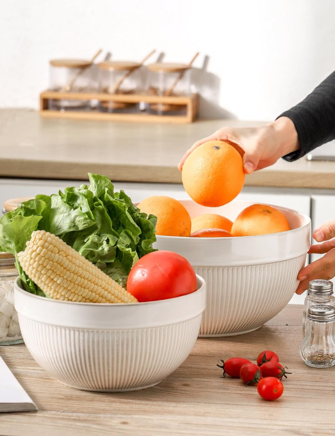 Ceramic Large Glazed White Stripe Mixing Bowls for Kitchen, Set of 2 Big Serving Bowls for Cooking, Popcorn, Salad, Soup, Baking, Dough Bread Making Bowl, 10 inch + 8 inch - Image 4