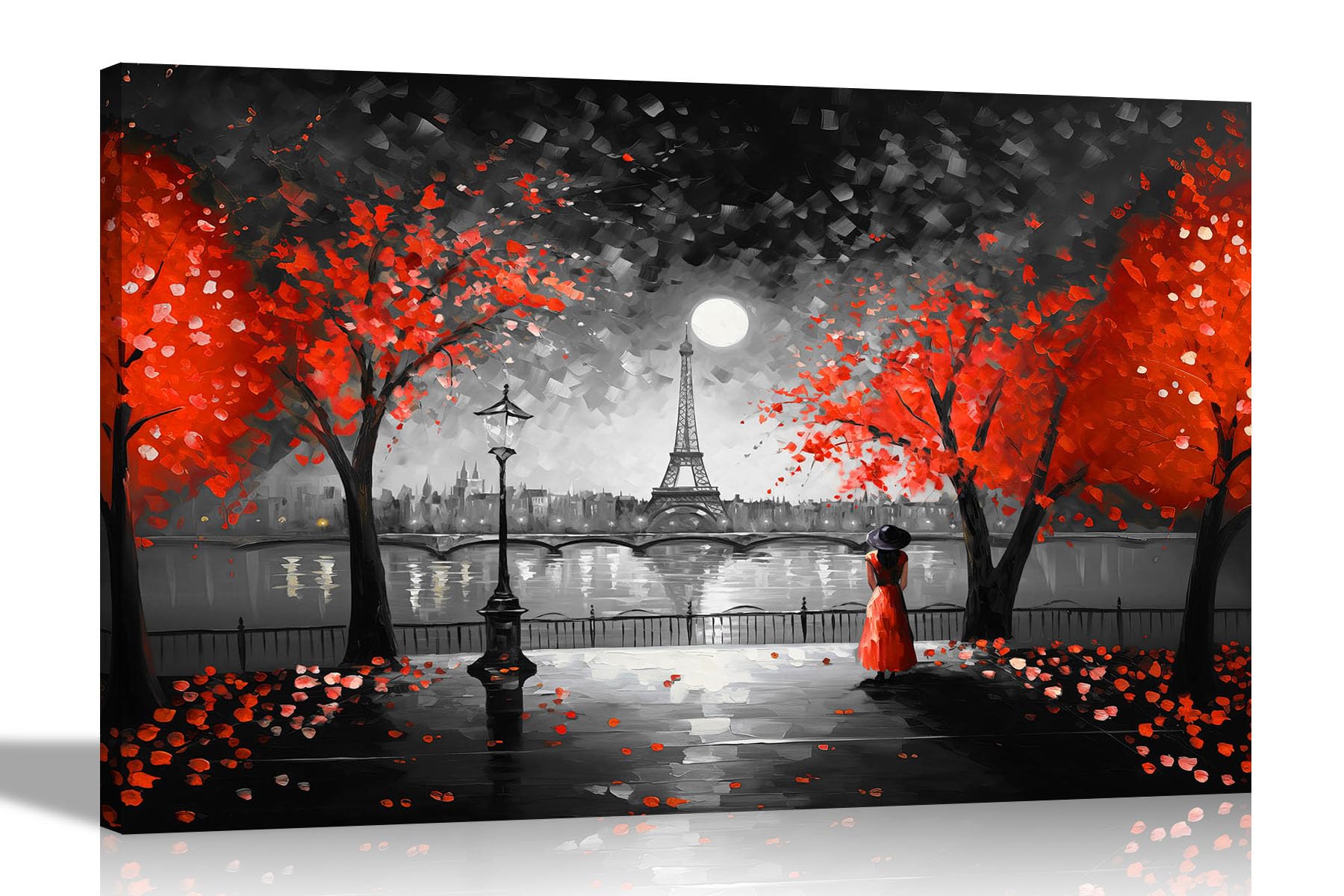 Artley Prints Red Black And White Moonlight Eiffel Tower Red Abstract Black And White Canvas Prints For Bedroom, Living Room - Wall Art City Pictures To Hang 51 X 35Cm (20 X 14 Inches)
