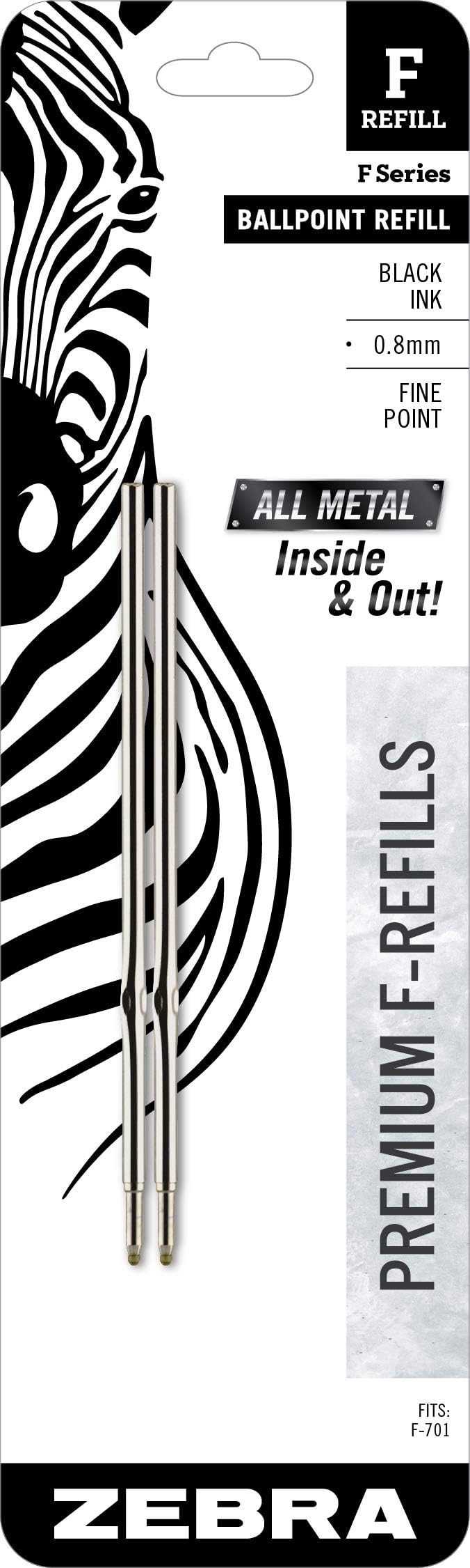 Zebra Pen Steel, F-Refill Ballpoint Ink Refills, 0.8mm Point, Black Ink, Fits Zebra F-701 Ballpoint Pen, Smooth Writing Performance with Clean, Consistent Lines, 2-Pack (89112)