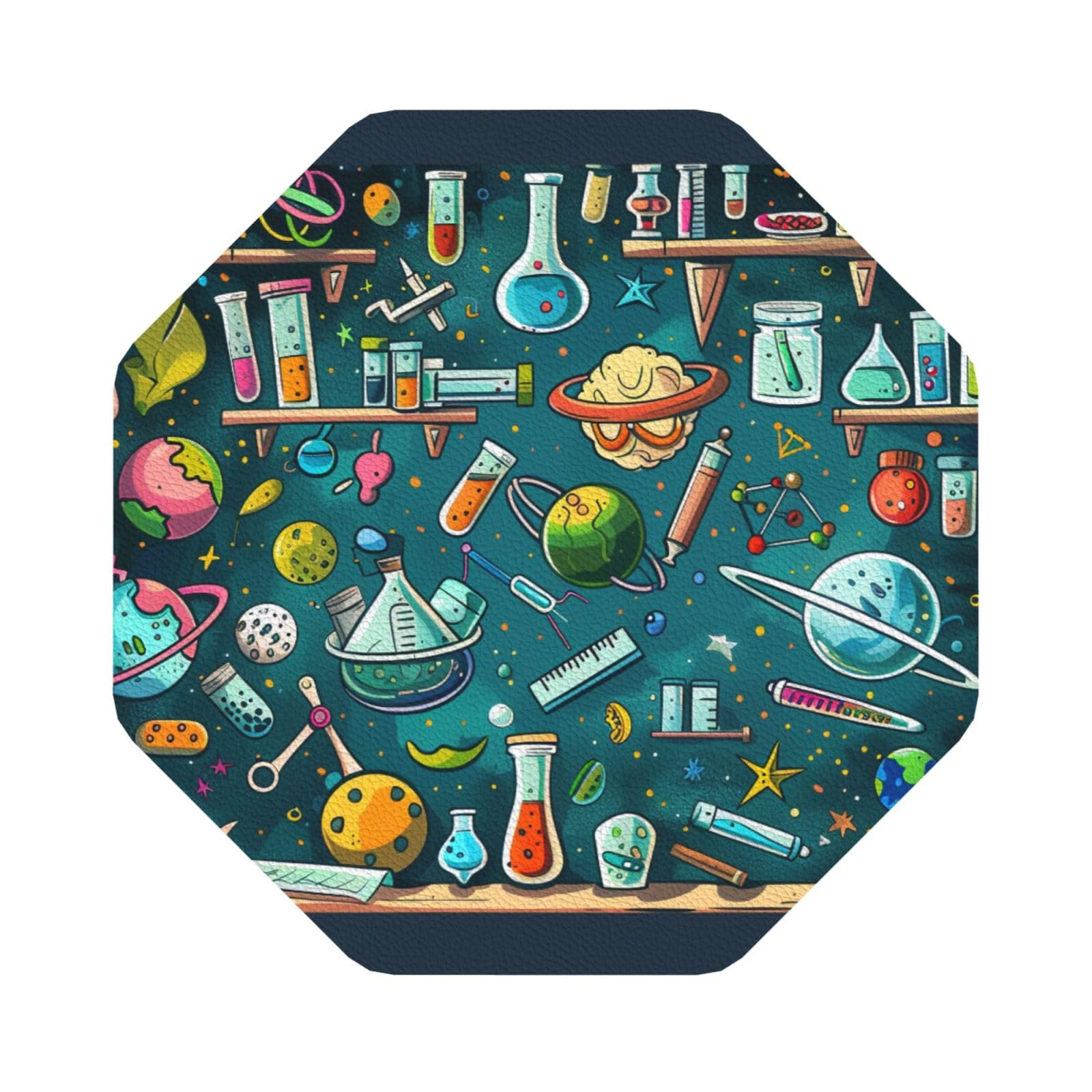 Cartoon Science Theme Print Leather Coaster Set of 6, Octagon Coasters Table Decorative Coffee Cup Beverage Coasters Wine Beer Bar Coasters for Hot Drinks Table Protection