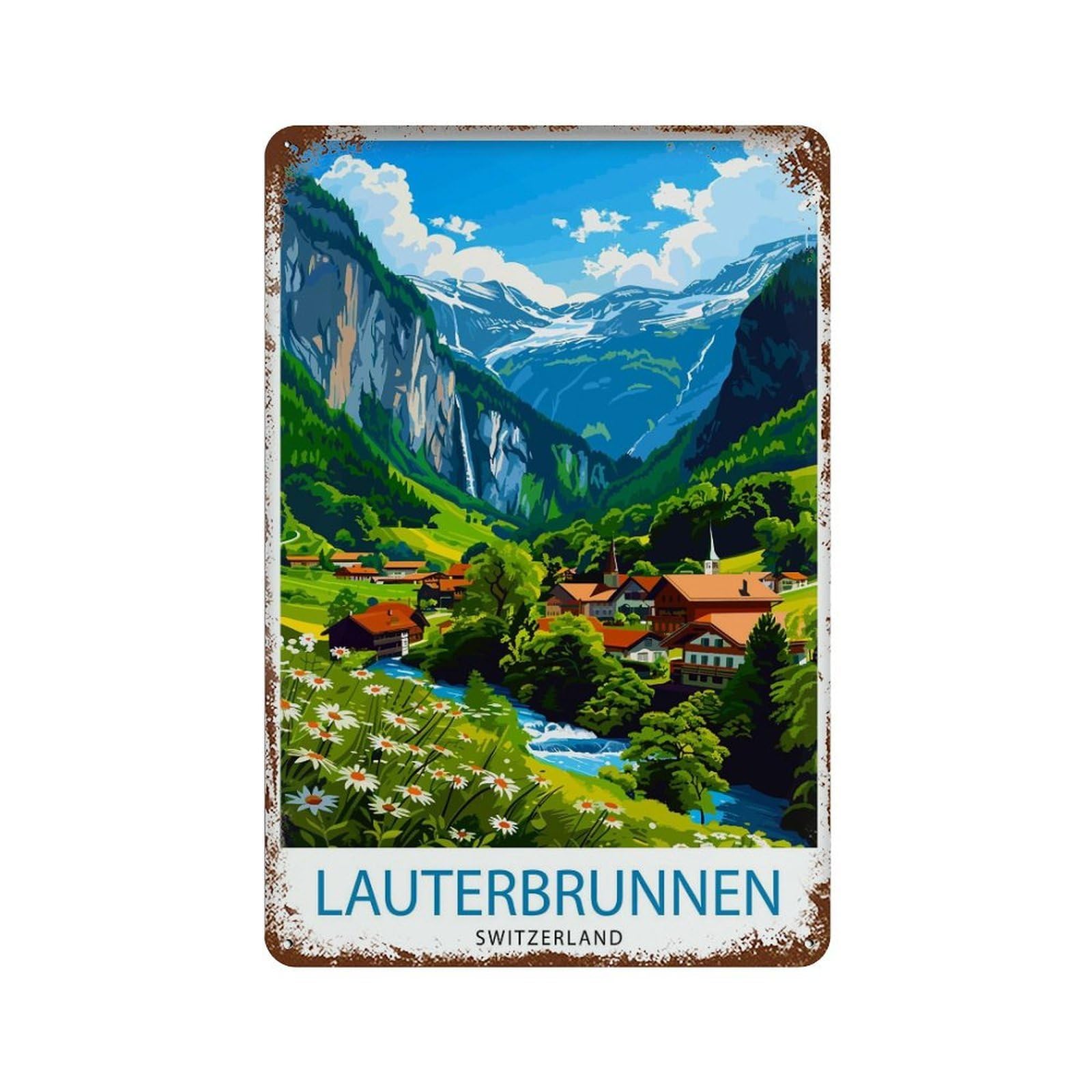 xiaoxiaoshen Lauterbrunnen Switzerland Alpine Valley Swiss Waterfall Mountain Village Alps_3 Wall Decor Art Metal Tin Poster Modern Home Decor Art Home Bar Shop Decorations Vintage Sign 30x20cm