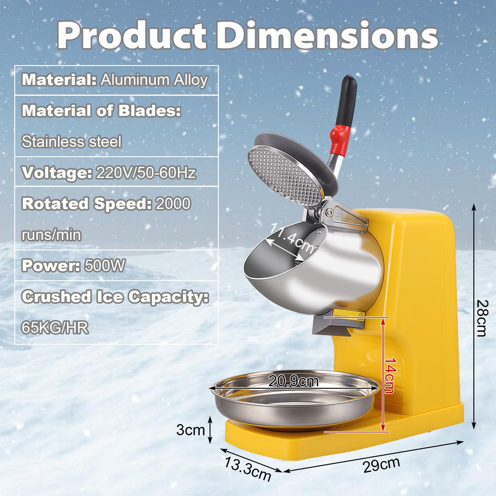 Frullatore elettrico per ghiaccio 500 W 2000 giri/min, rompighiaccio in acciaio inox 65 kg/h, doppio coltello Ice Shaver Machine con ciotola, Ice Crushers Machine per la preparazione di frullati