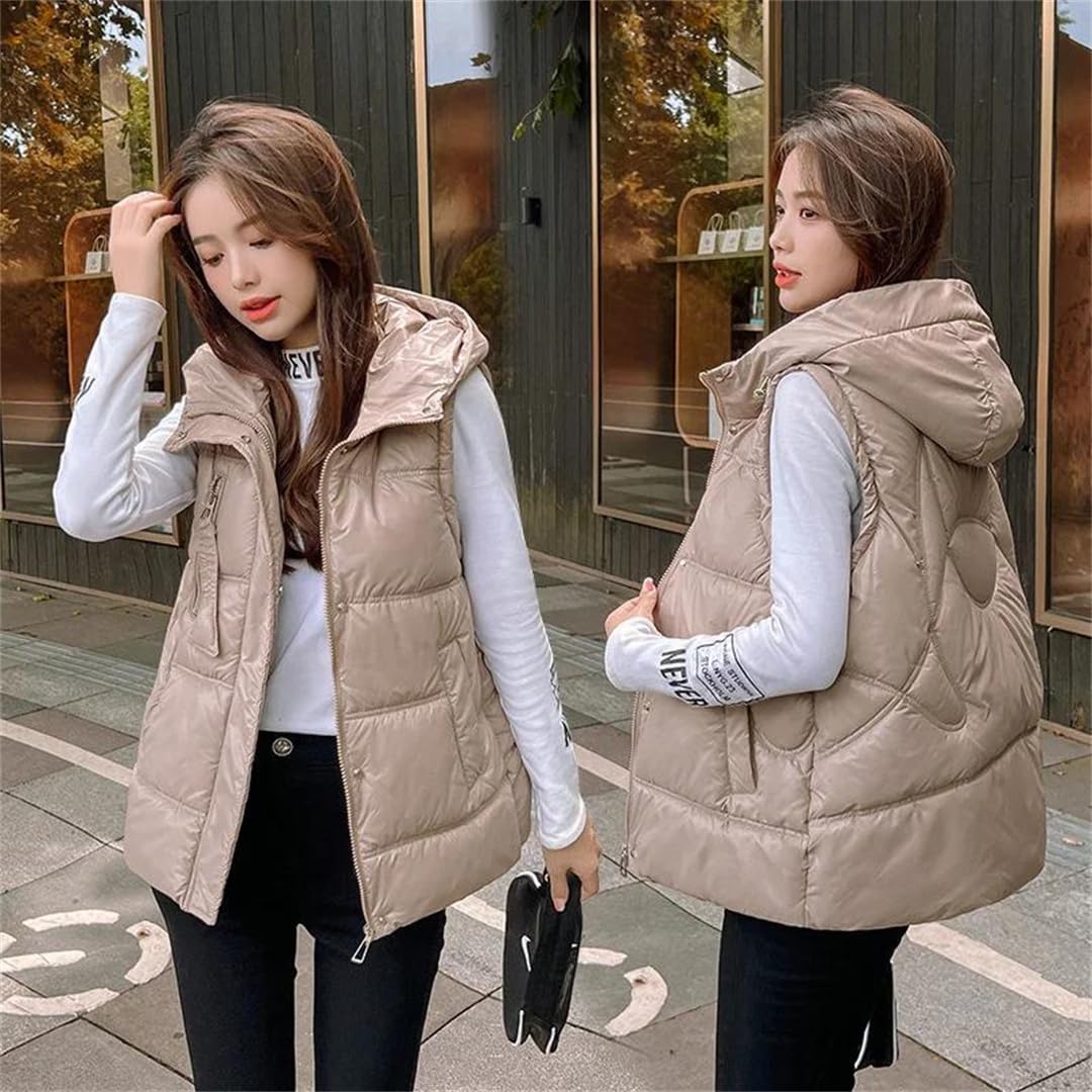 Women's Down Cotton Vest Jacket Short Hooded Sleeveless Loose Glossy Waistcoat Parkas Outerwear