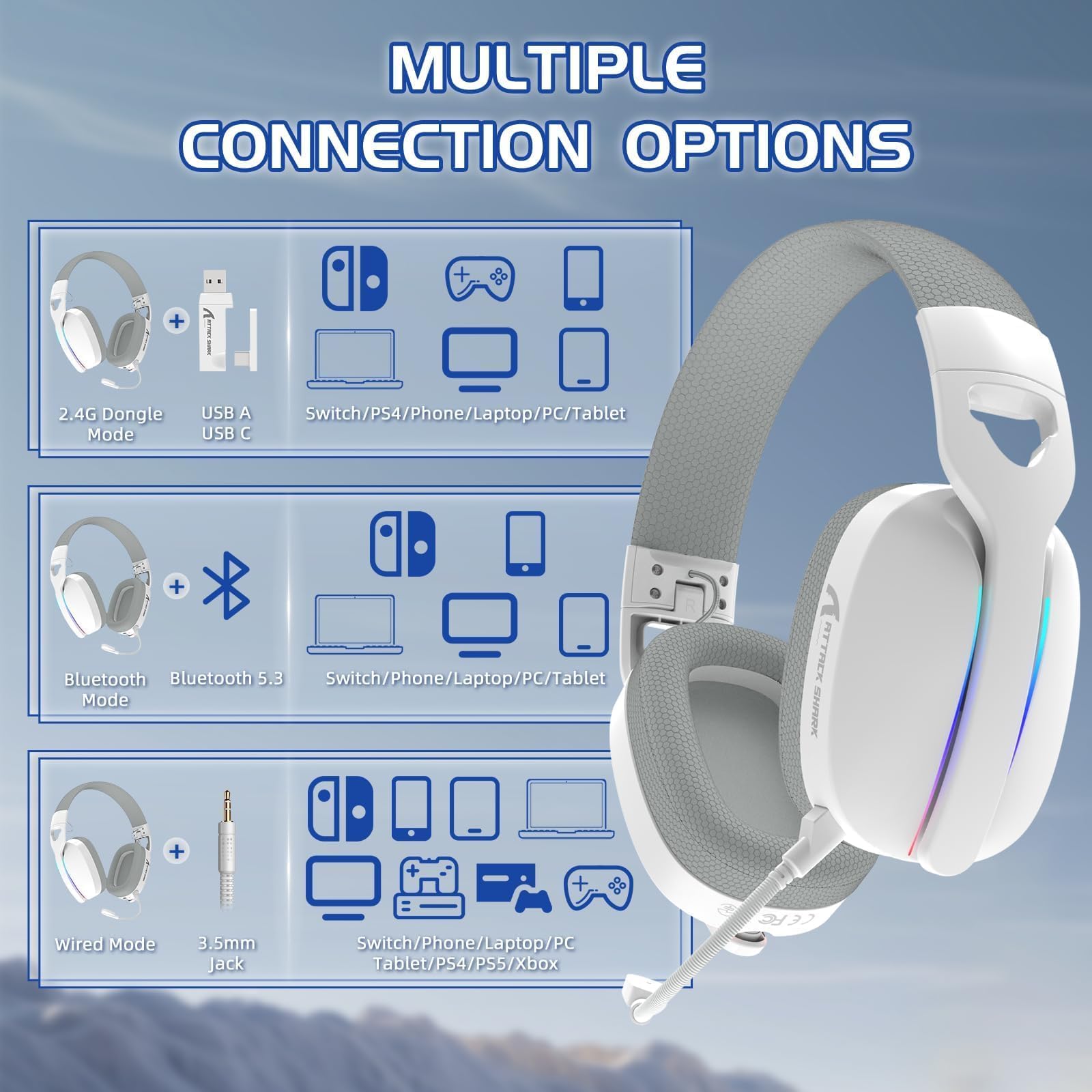 ATTACK SHARK L90 Auricolari Gaming Wireless Ultraleggeri, BT, 2.4G, 3.5mm Cablati, RGB Pieghevoli, 7.1 Surround Sound Over-Ear con Microfono Rimovibile per la Cancella Rumore, per PC, Mobile - Bianco