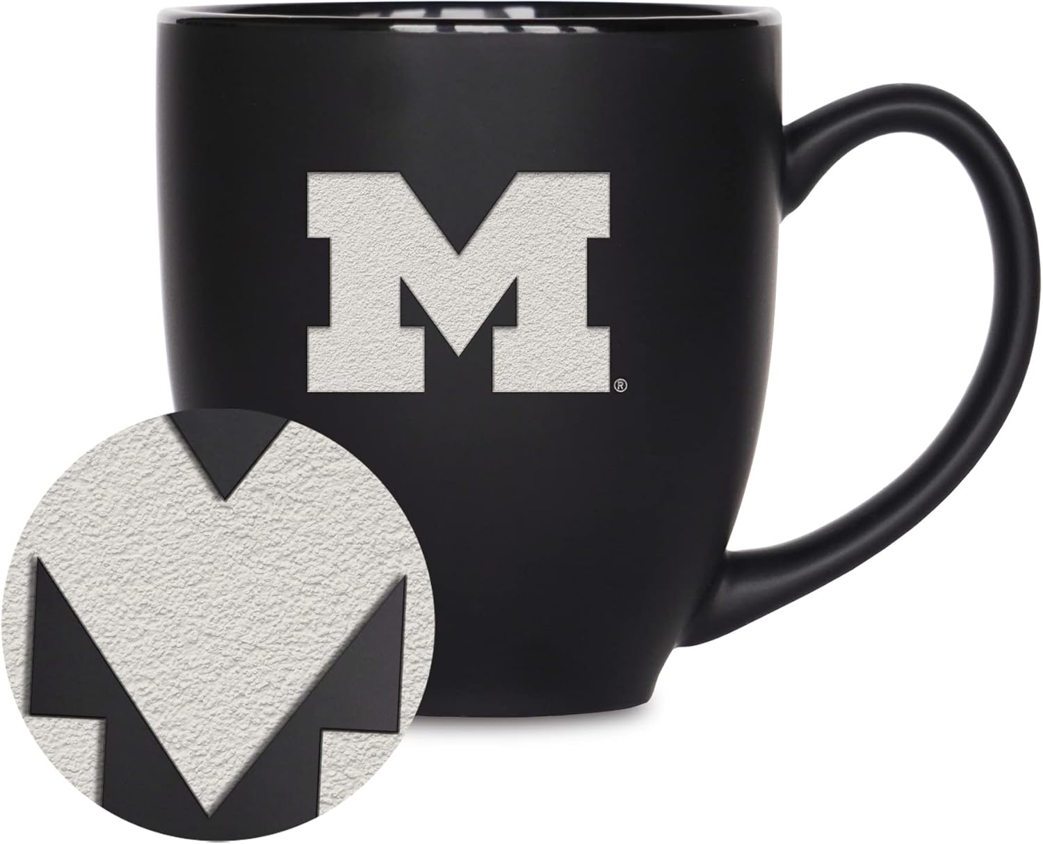 Rico Industries NCAA (M Schools) Standard 15oz Laser Engraved Matte Black Ceramic Bistro Mug - For Hot or Cold Drinks