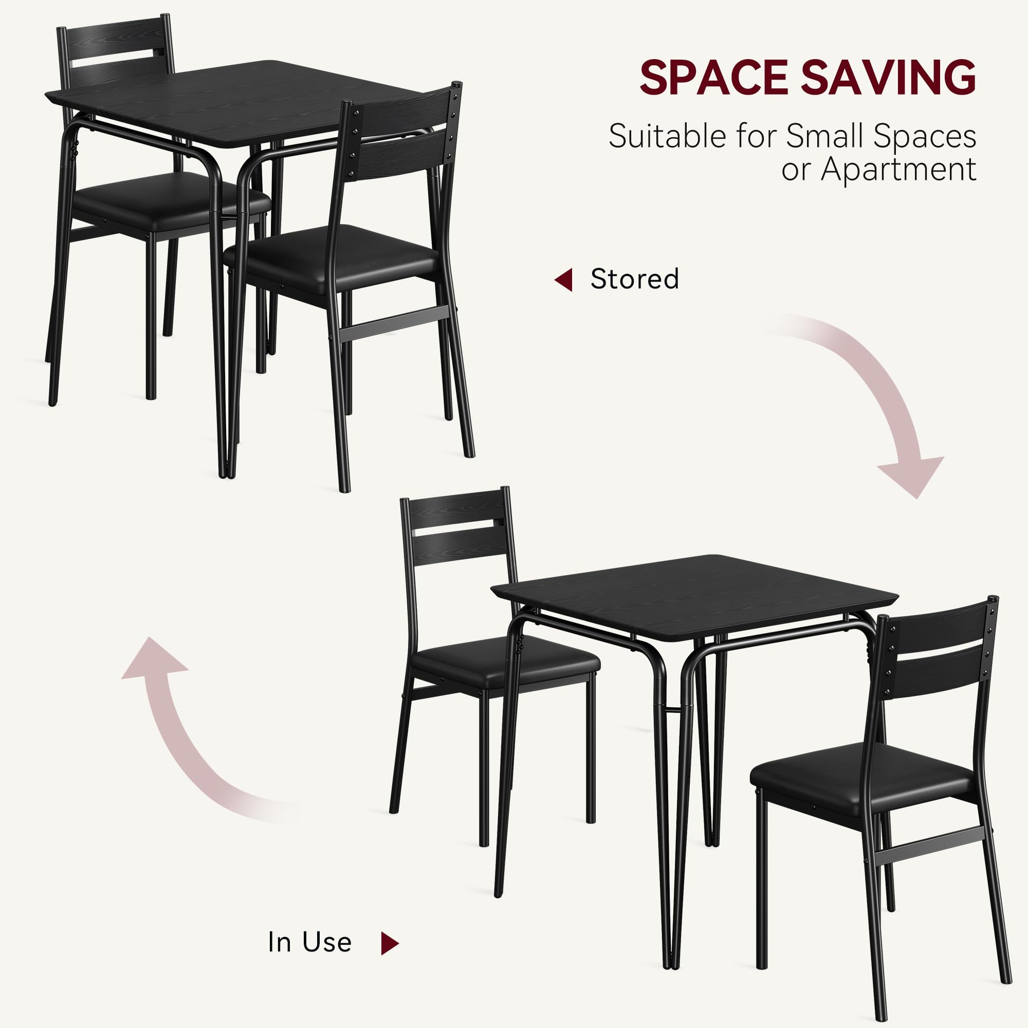 GarveeHome Ensemble de salle à manger compact pour 2 personnes - Table carrée et 2 chaises tapissées pour petites cuisines et appartements - Plateau MDF résistant - Noir