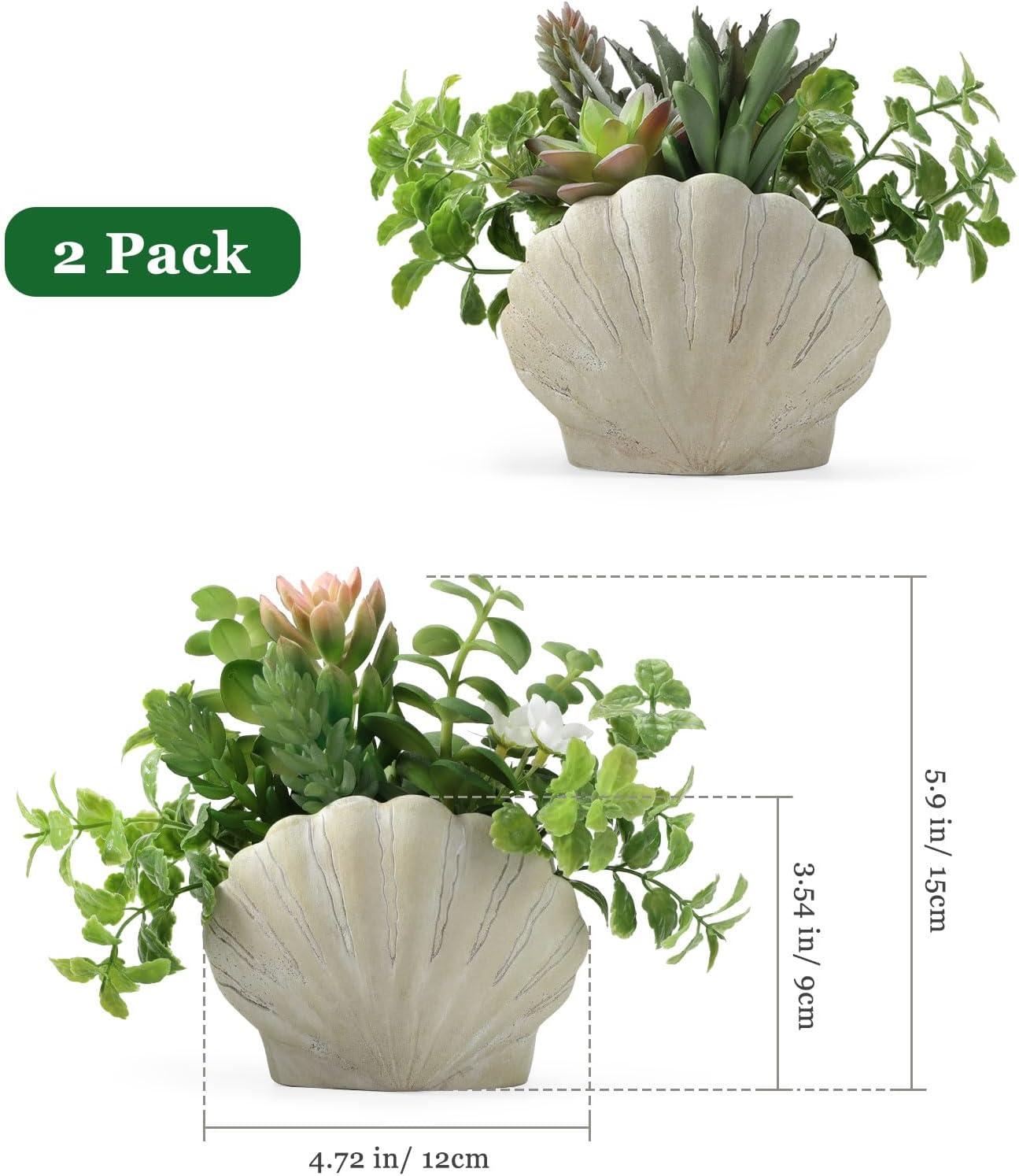 Lewondr Fake Plants Set of 2, Assorted Faux Succulents Artificial Plants with Sea Shell Pots, Artificial Greenery in Coastal Beach Decor, Ocean Seashell Series for Home Bedroom Beach Theme Party