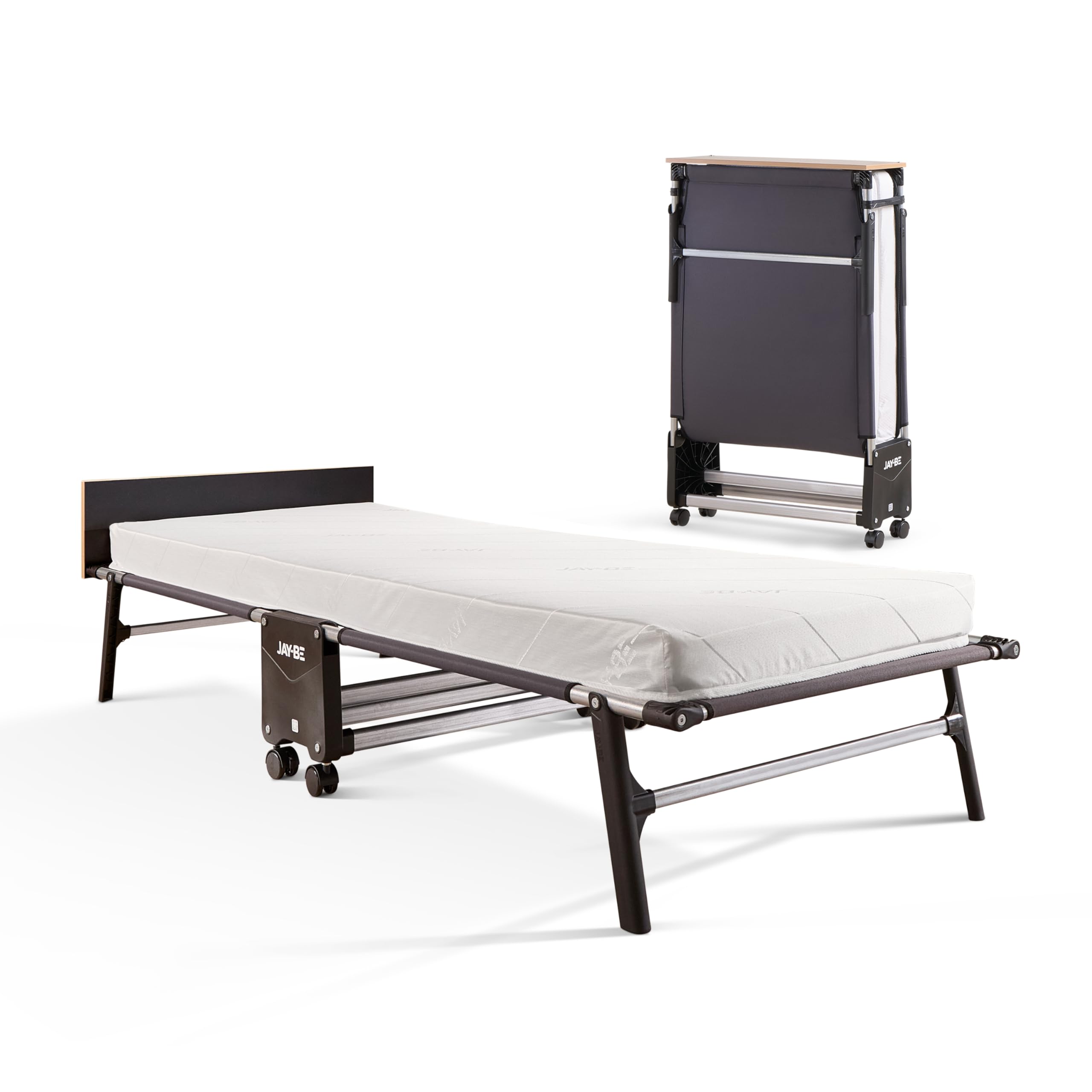 JAY-BE RE80 Folding Bed with e-Fibre Comfort Mattress, Rollaway, Portable 360° Castors, Anti-Tip Legs, Wood Headboard, Fold-Up Comfortable Guest Bed, Single