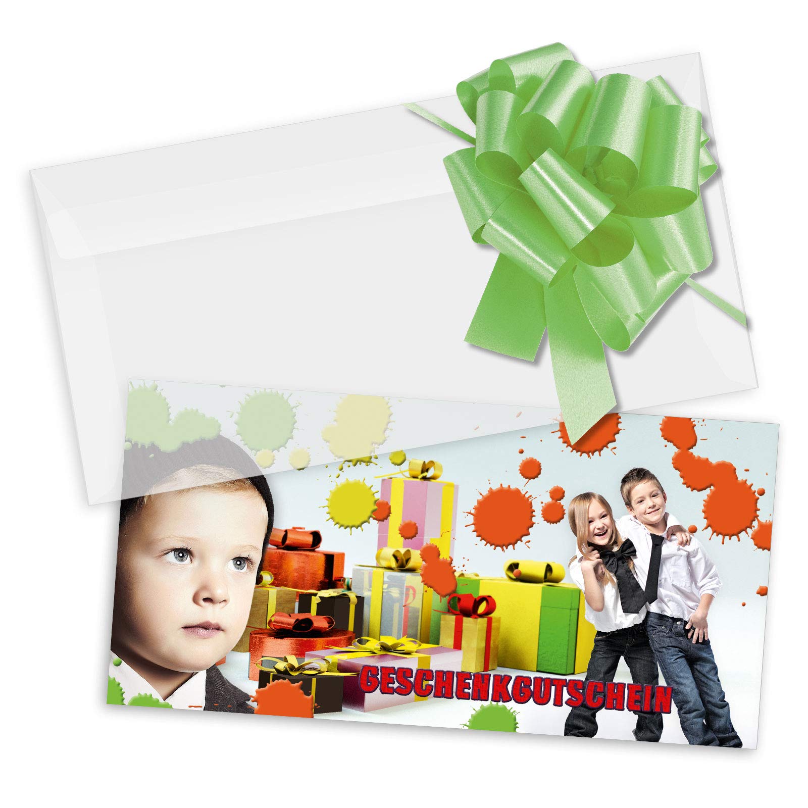 GESCHENKGUTSCHEINcom Gutschein-Set - 50 Gutscheine mit Umschlag & Schleife für Mode Kindermode Boutique Fashion, blanko zum selber Ausfüllen