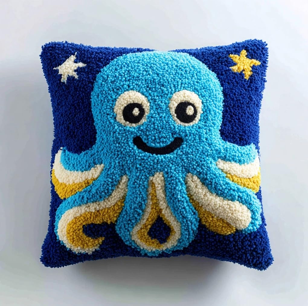 Taxpy Latch Hook Pillow Cover Kits for Adults Beginners,Octopus and Star Pre-Printed Embroidery Cushion Kit Latch Hook Kit Cushion Cover Making for DIY Starter Project,17X17Inch