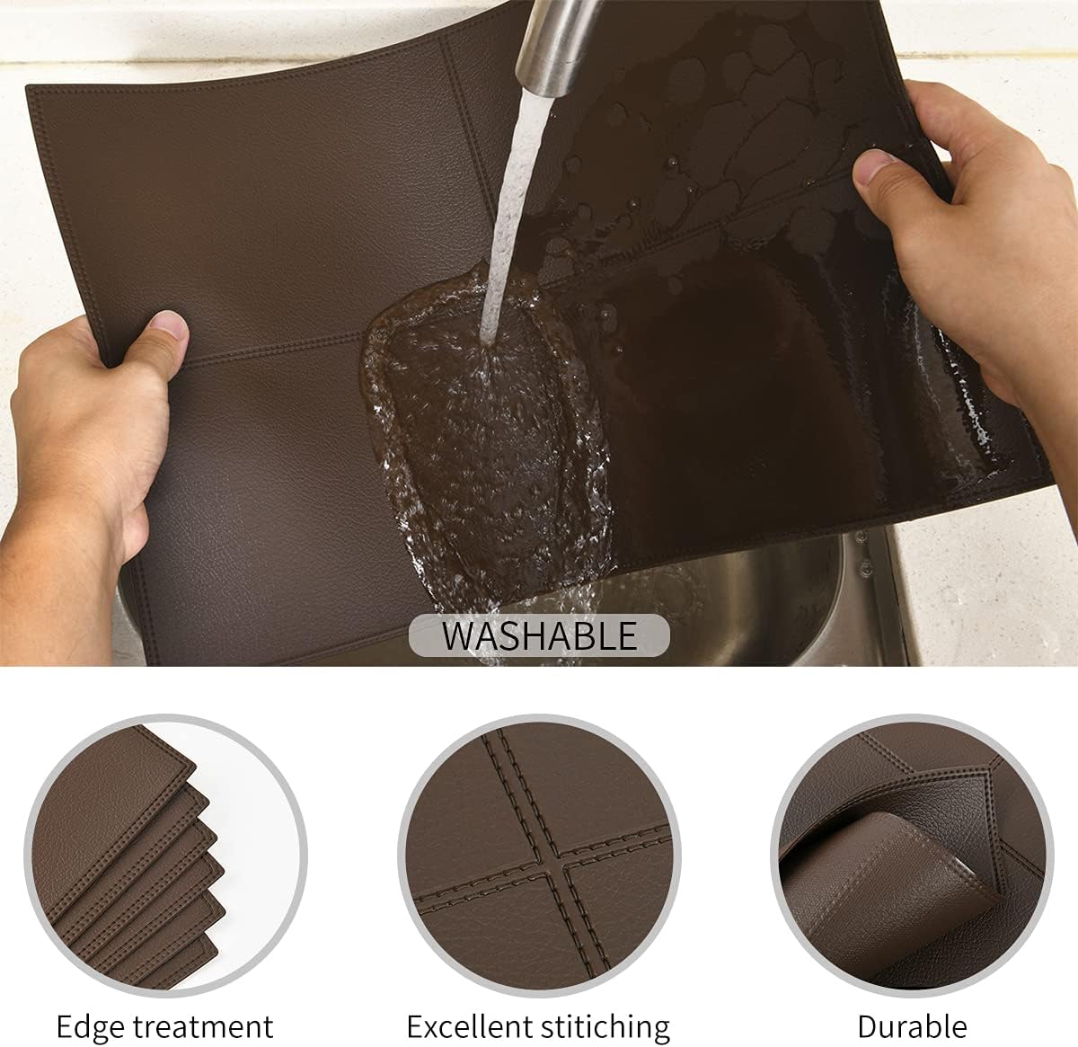 Decorative Faux Leather Placemats Set of 6 Waterproof Heat Resistant Easy to Clean Washable Table Mats for Kitchen Dining Table,Dark Brown