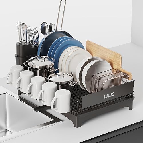 ULG Escurridor de platos con escurridor, escurridor de platos para encimera de cocina, escurridor de platos a prueba de óxido con soporte