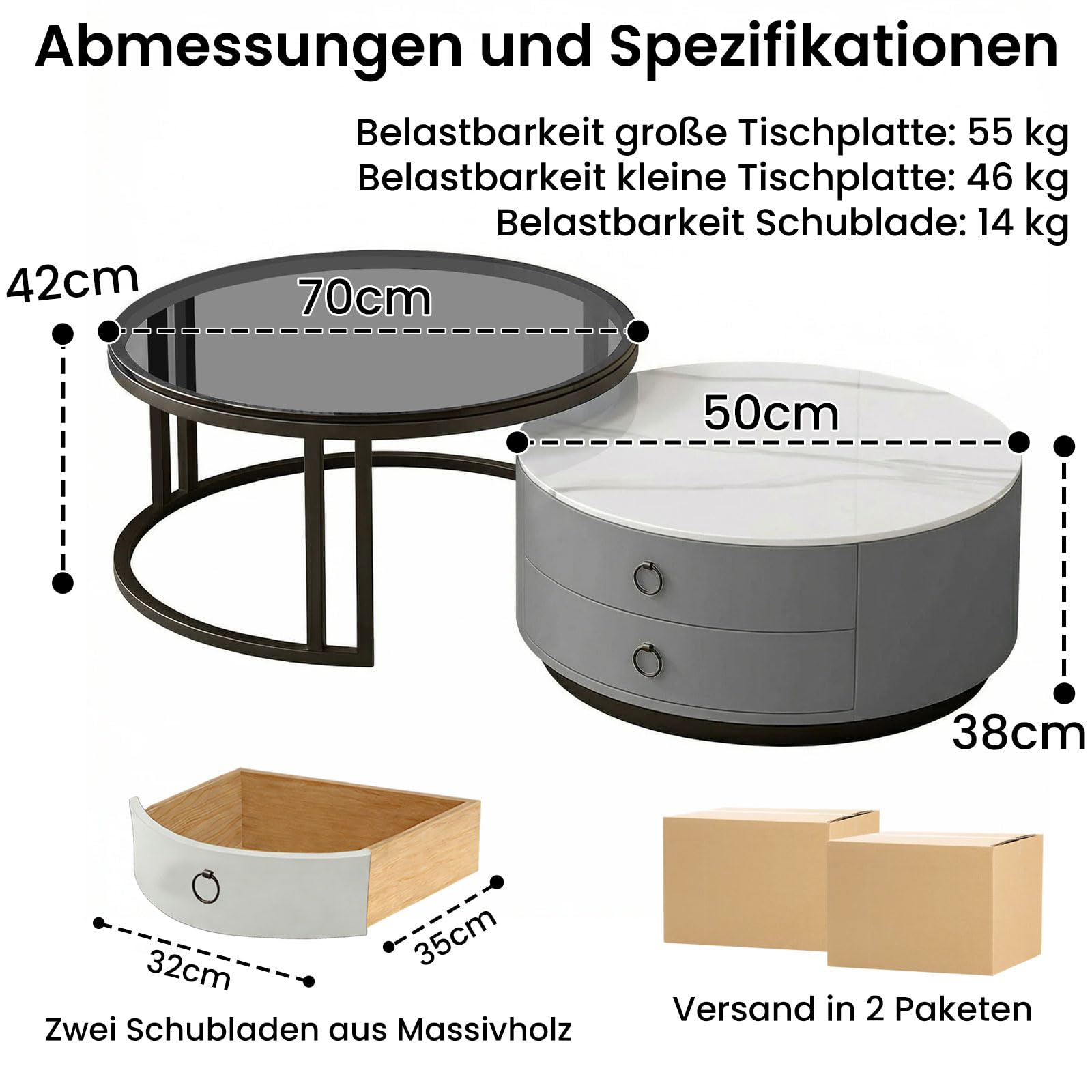 Generisch 2er Set Runde Couchtische mit Stauraum, Moderne Wohnzimmertisch mit Marmoroptik und Glasplatte, Stapelsofa Beistelltisch für Schlafzimmer Wohnzimmer Balkon Büro