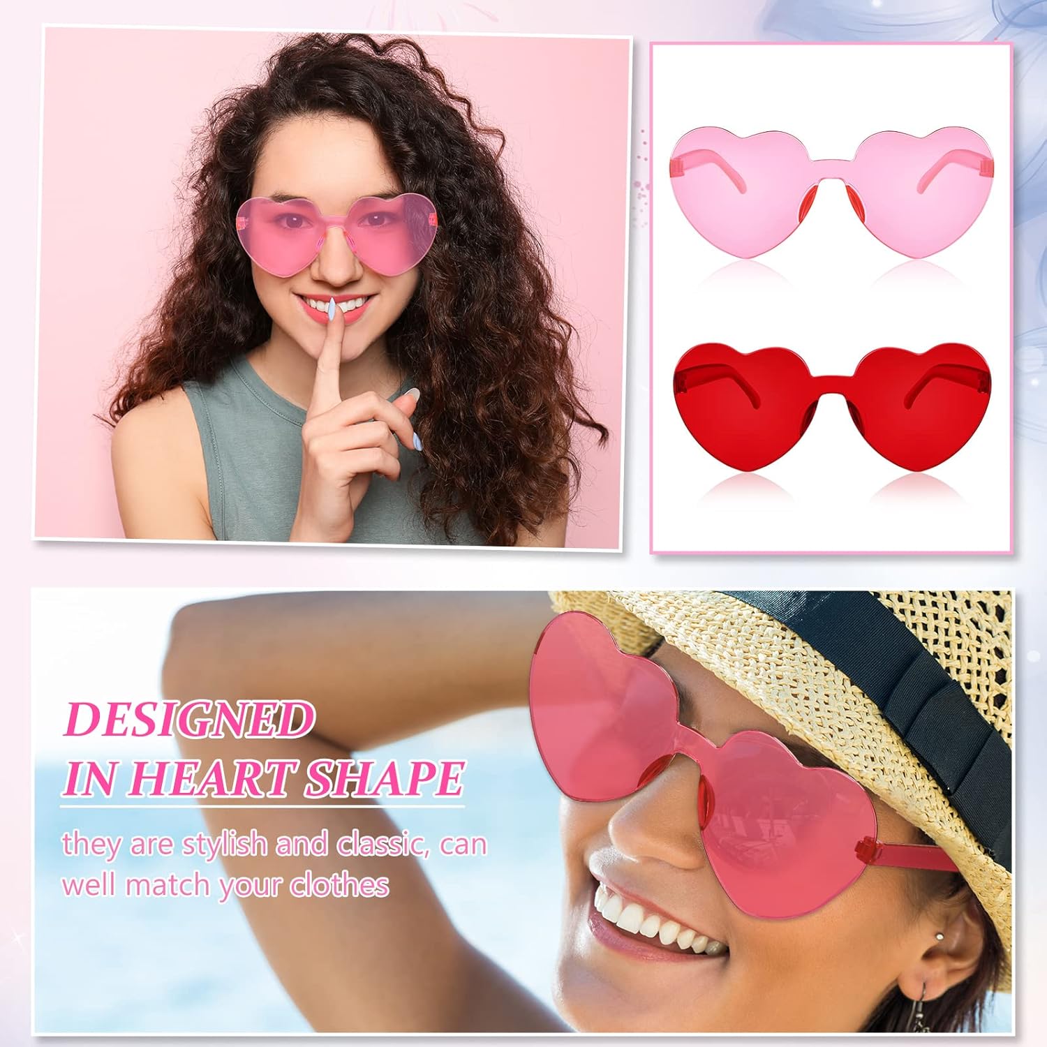 Zhengmy 100 Pairs Heart Glasses Heart Shaped Rimless Sunglasses Bulk Transparent Candy Colorful Sunglasses Eyewear for Women Party Favor