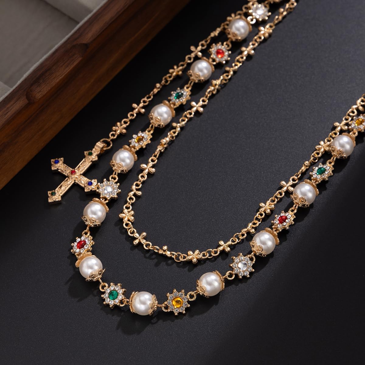 Layered Daisy Pearl Wallet Chain Rhinestone Flower Heart Cross Bag Charms Keychain Pants Jean Chains for Women Men - Image 7