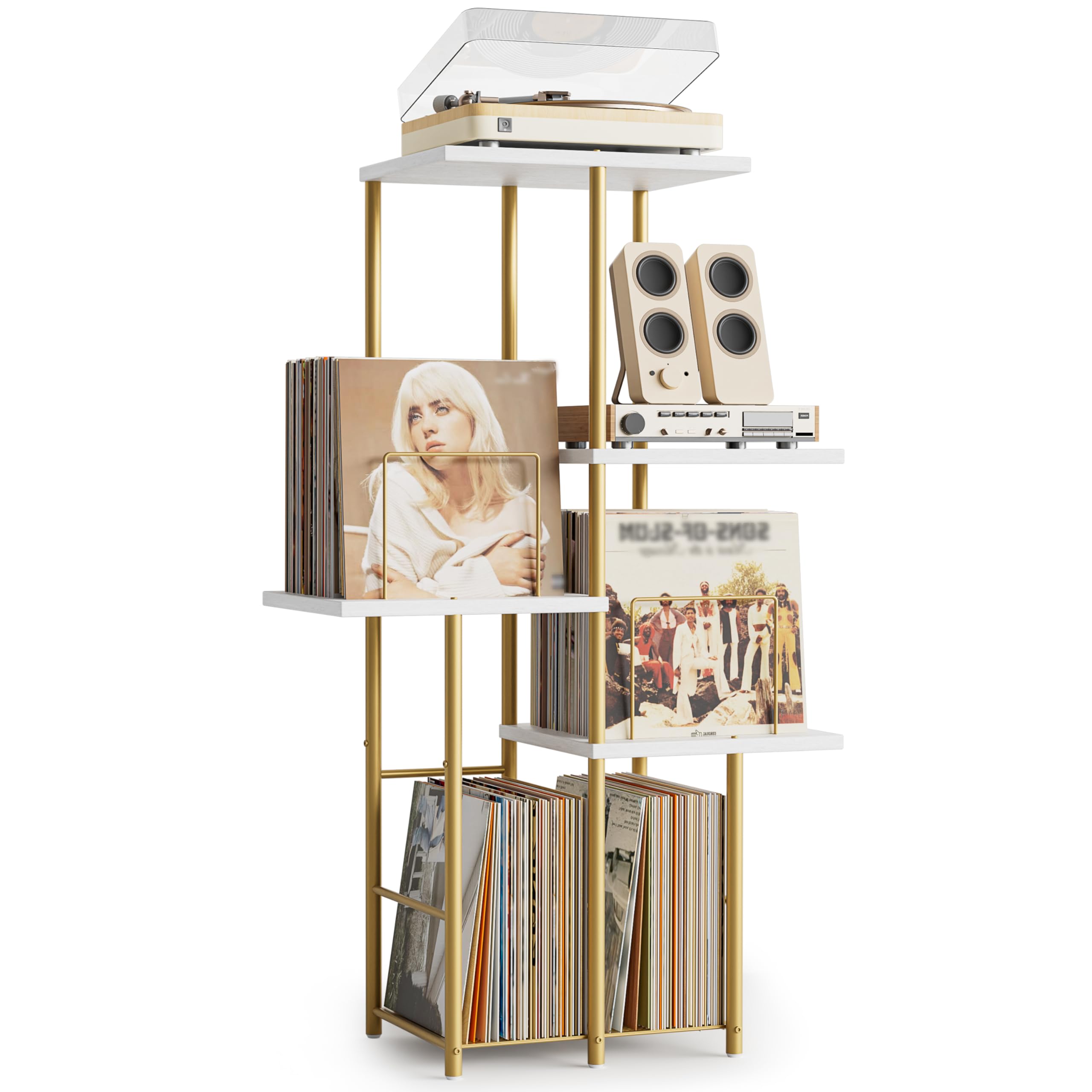 Bikoney Tavolo Porta Giradischi con Mobile per Dischi in Vinile - Oro | Consolle Alta in Legno per Soggiorno e Camera, Supporto per Giradischi Salvaspazio con Espositore e Organizer LP