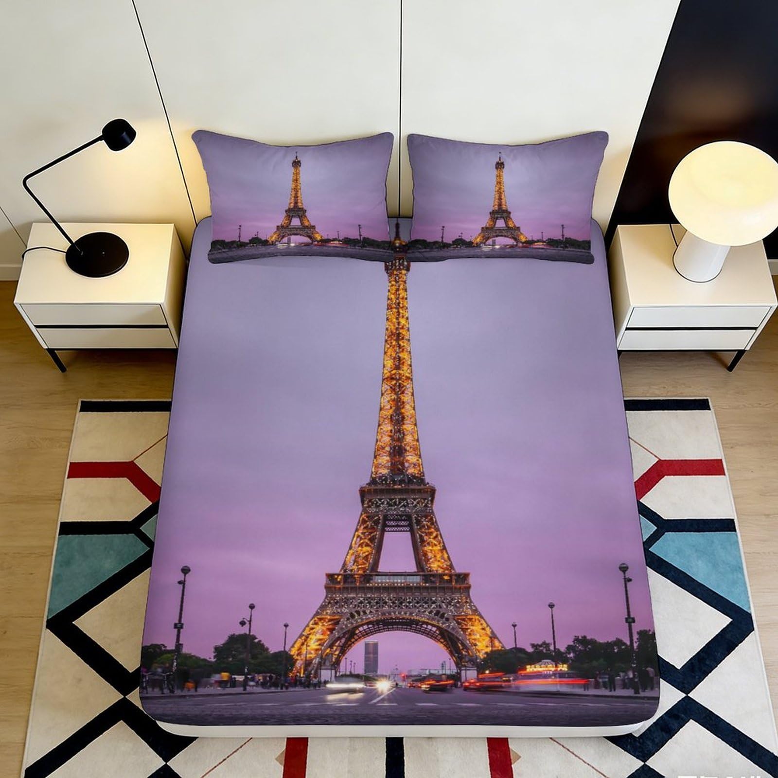 3D Printed Eiffel Tower Fitted Sheet Microfiber Deep Pocket Bedroom Bedding Eiffel Tower Mattress Fitted Cover Elastic Hem Washable 180x200x25cm