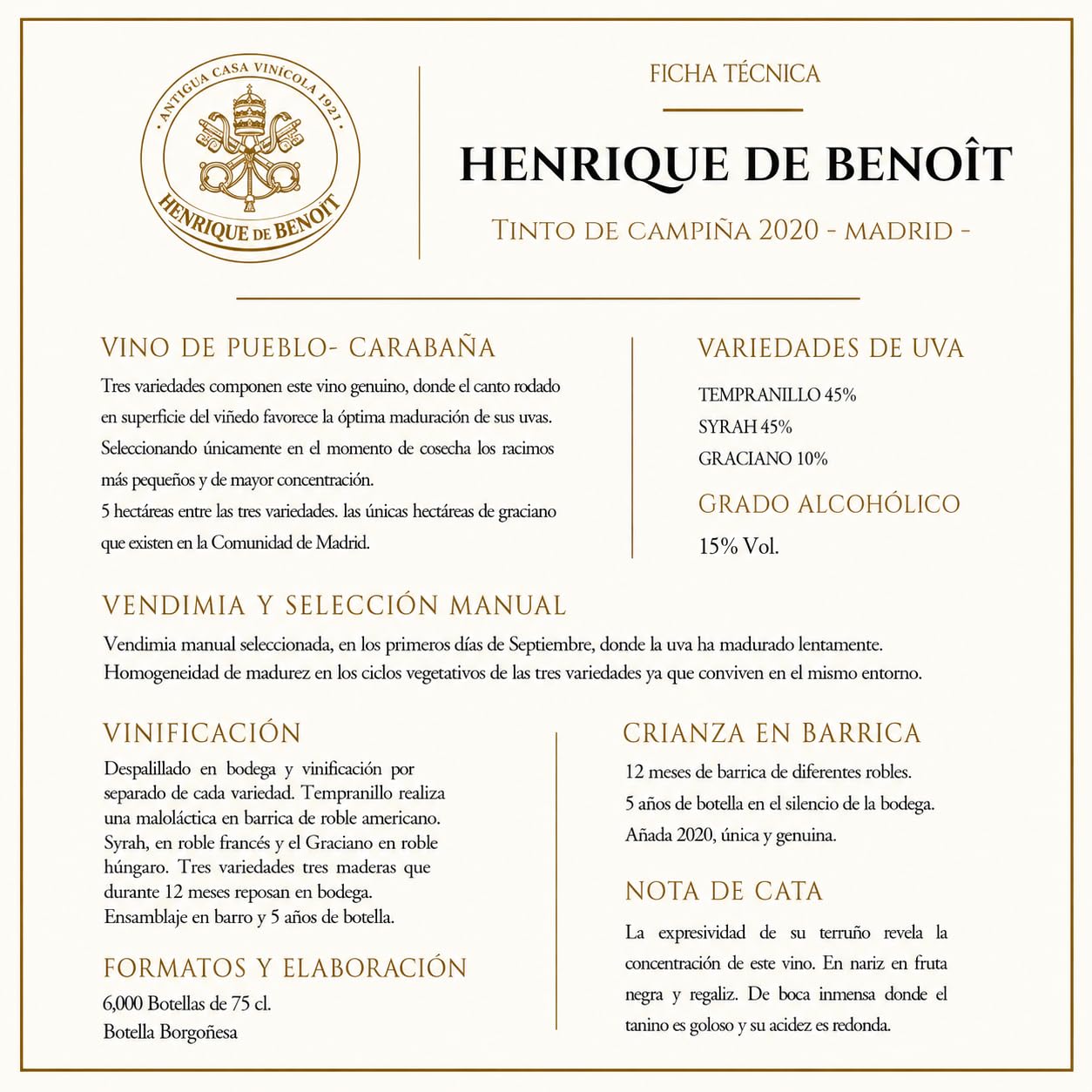 Henrique de Benoît® Vino Tinto Premium Reserva 2020 Pack 3 Botellas 750 ml | Tempranillo 45% Syrah 45%, Graciano 10% | 12 Meses Barrica + 5 Años Botella | Regalo Gourmet Vino Tinto Campiña - Madrid