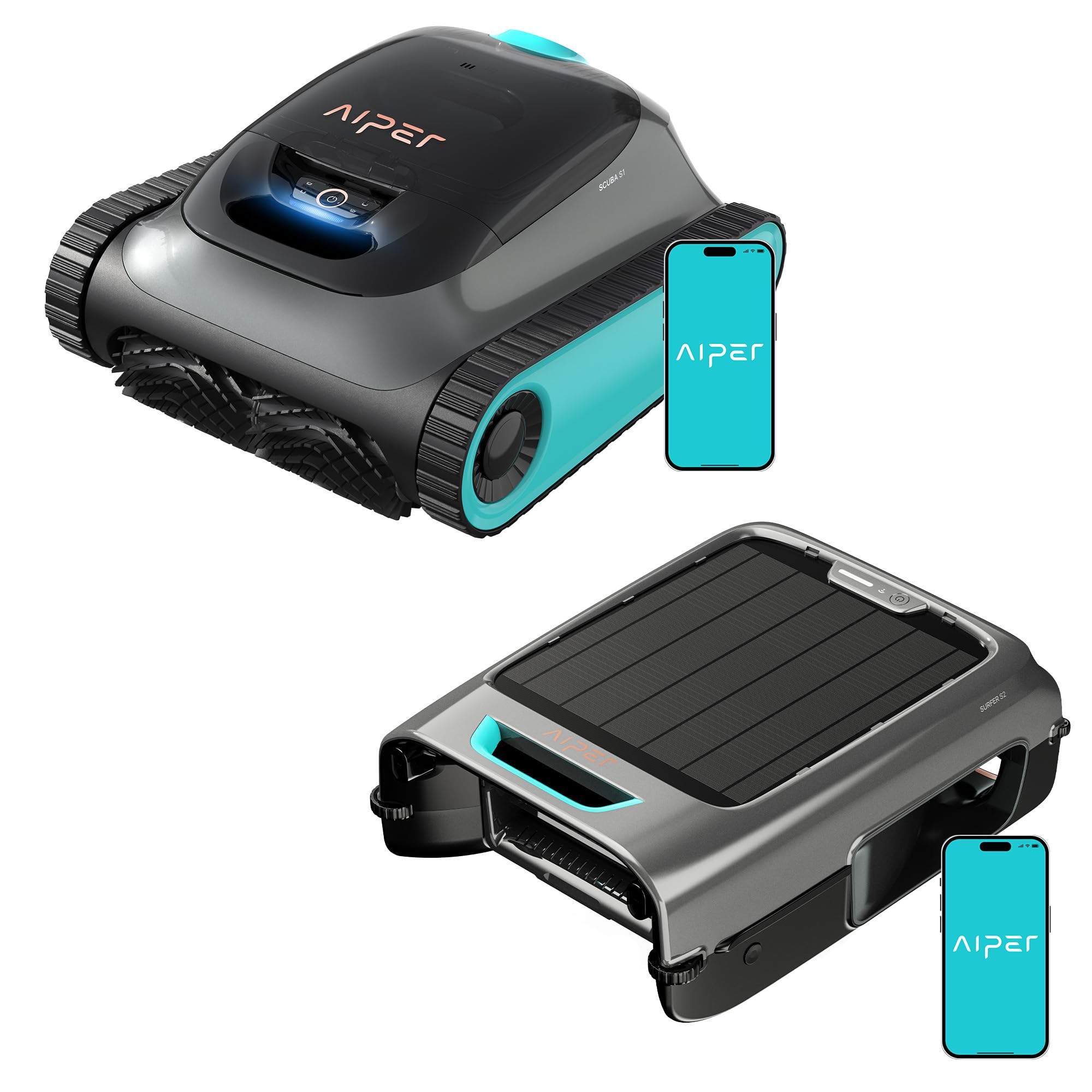 AIPER (2026 Nouveau) Scuba S1 + EcoSurfer S2 – Pack Robot Piscine sans Fil & Robot Skimmer Solaire | Nettoyage Fond, Parois, Ligne d’Eau & Surface 24/7, Double Filtration, Contrôle Via Application