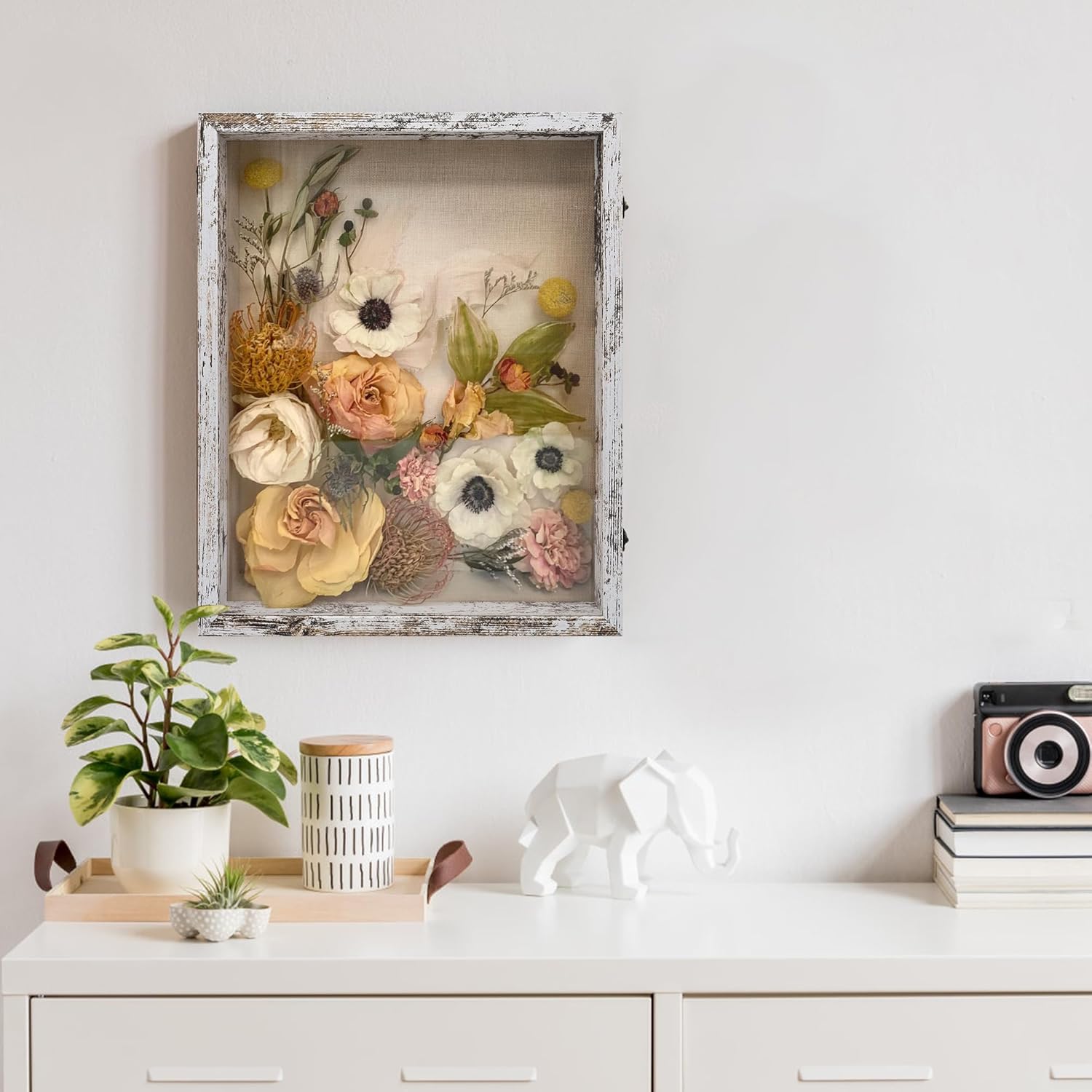 GraduationMall 16x20 Wood Shadow Box Frame Glass Door Display Case with Linen Back and 6 Stick Pins,1.5 inches Interior Depth,Ideal for Memorabilia Pictures Flowers Medals Tickets Rustic White