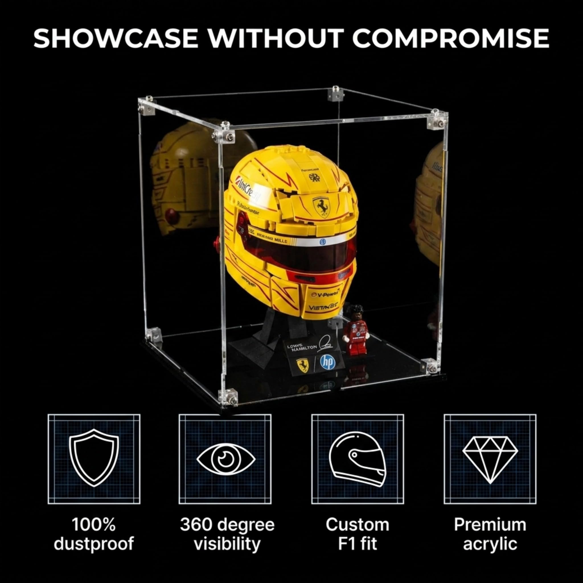 Gazeta akrylowa kompatybilna z LEGO Lewis Hamilton Kask 43022 – kompatybilna z LEGO Charles Leclerc Kask 43014 – trwała ochronna gazeta, pyłoszczelna gazeta ochronna