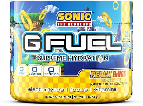 G Fuel Sonic's Peach Rings Supreme Hydration, mezcla de electrolitos en polvo para energía y concentración, suplemento sin azúcar y cafeína con