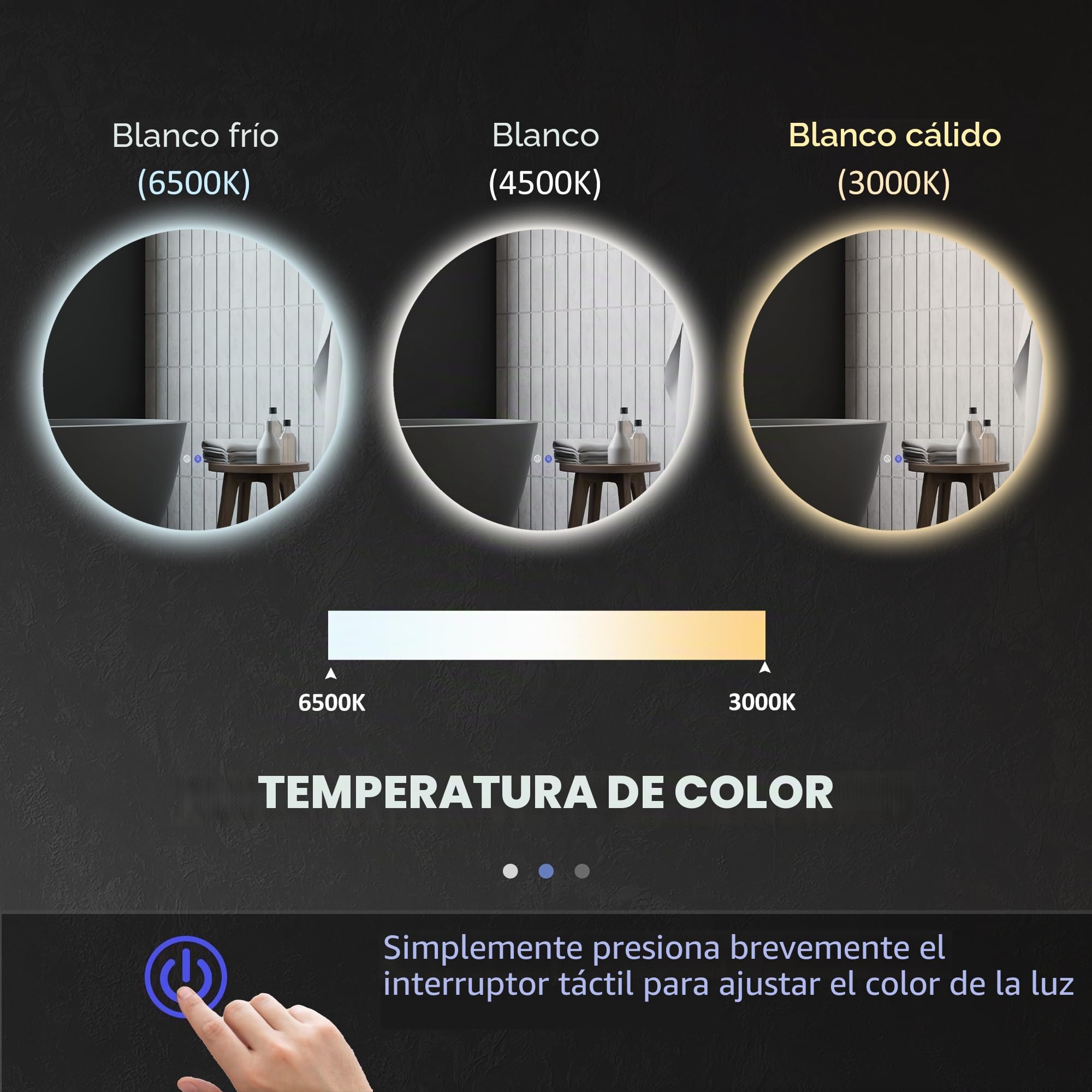 kleankin Espejo Redondo Iluminado LED Espejo de Pared para baño 70 cm con luz Interruptor táctil Sistema antivaho Brillo Regulable 35W Blanco y Plata