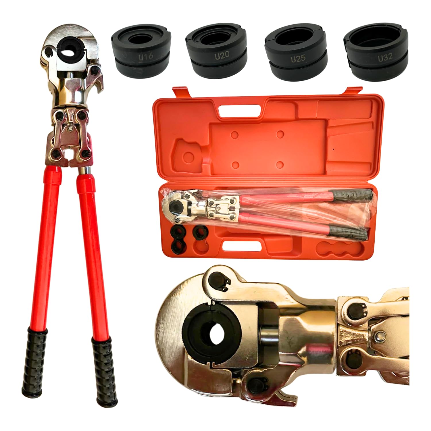 Rimex Szczypce zaciskowe w kształcie litery U, 60 kN, do PEX-AL-PEX & PERT-AL-PERT, U16, U20, U25, U32, uchwyty teleskopowe, obrót o 360°, z koffem