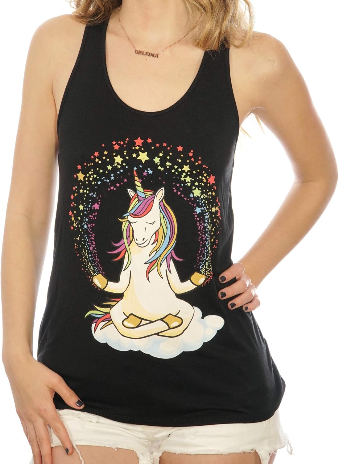 Shop Delfina Meditating Unicorn Yoga Namaste with Rainbow Women's Tank Top