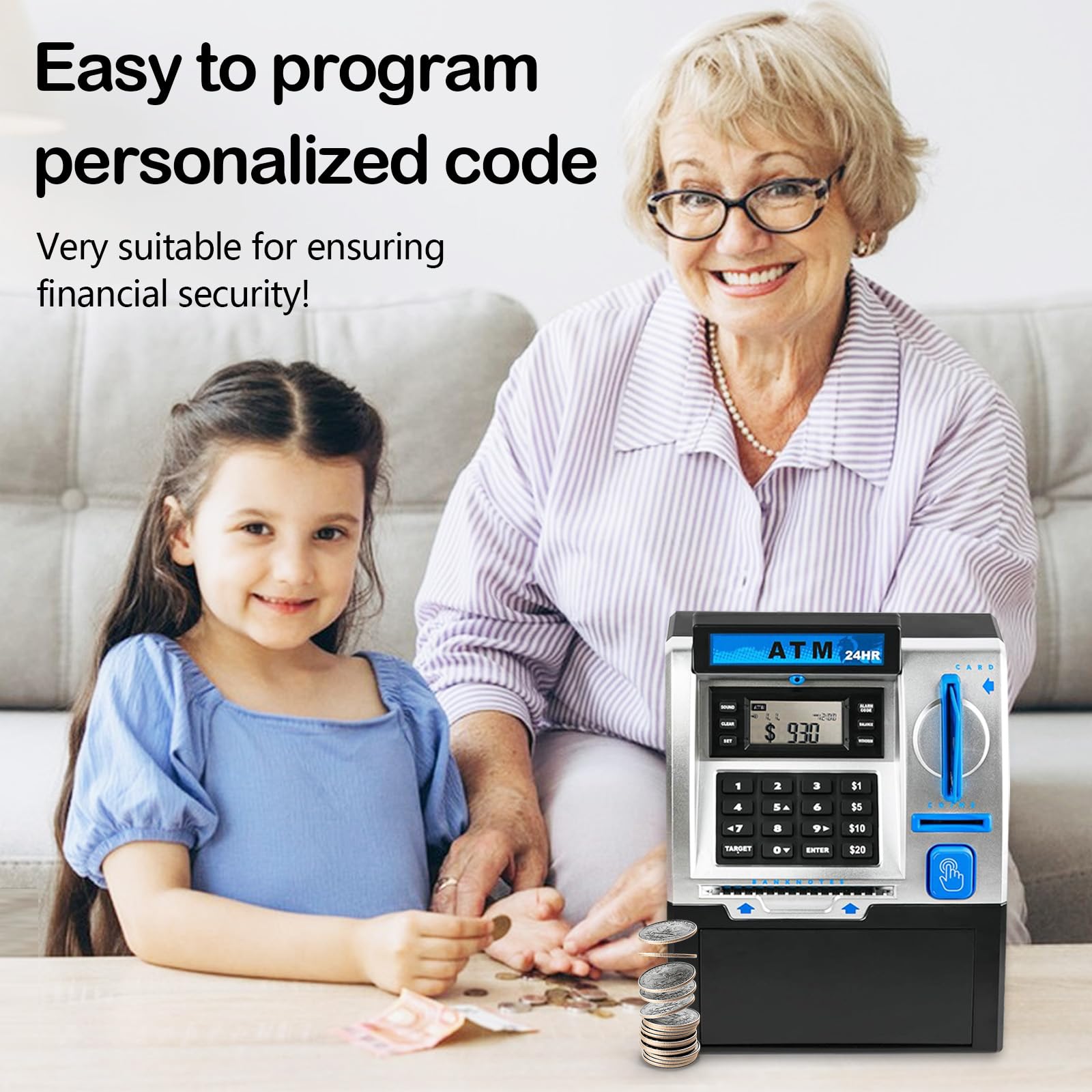 Salvadanaio Elettronico, Money Bank Cassa di Risparmio Versione EURO ATM Salvadanaio Elettronico Digitale ATM per Monete e Banconote Auto Scorrimento Carta Money Saving Box