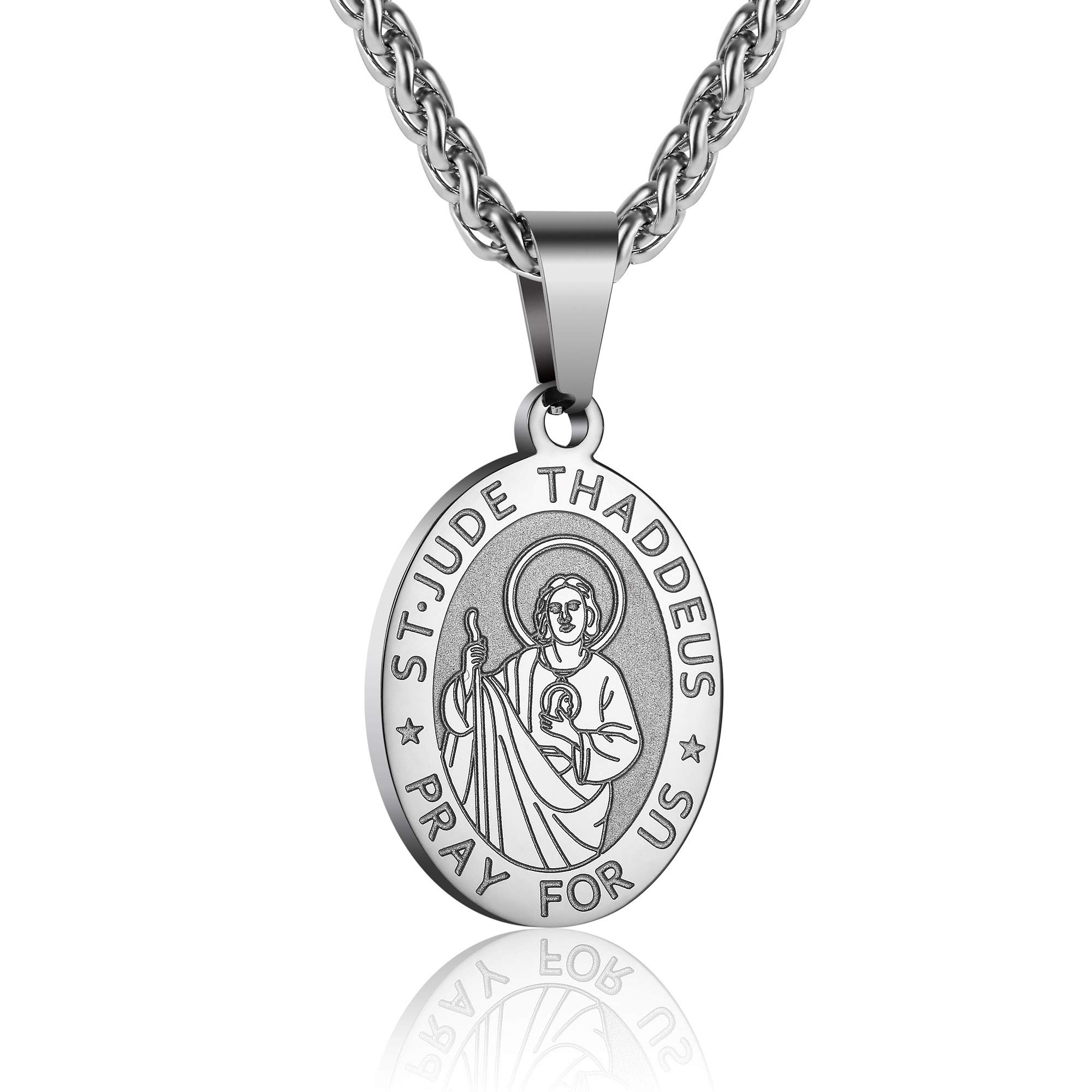 P. BLAKE Oval Saint Christopher/Michael/Joseph/Jude/Virgin Mary/Joseph/Francis/Patrick/Anthony/Benedict/Thomas Necklace for Men Women, Stainless Steel Catholic Patron Pendant with Chain 24 Inches