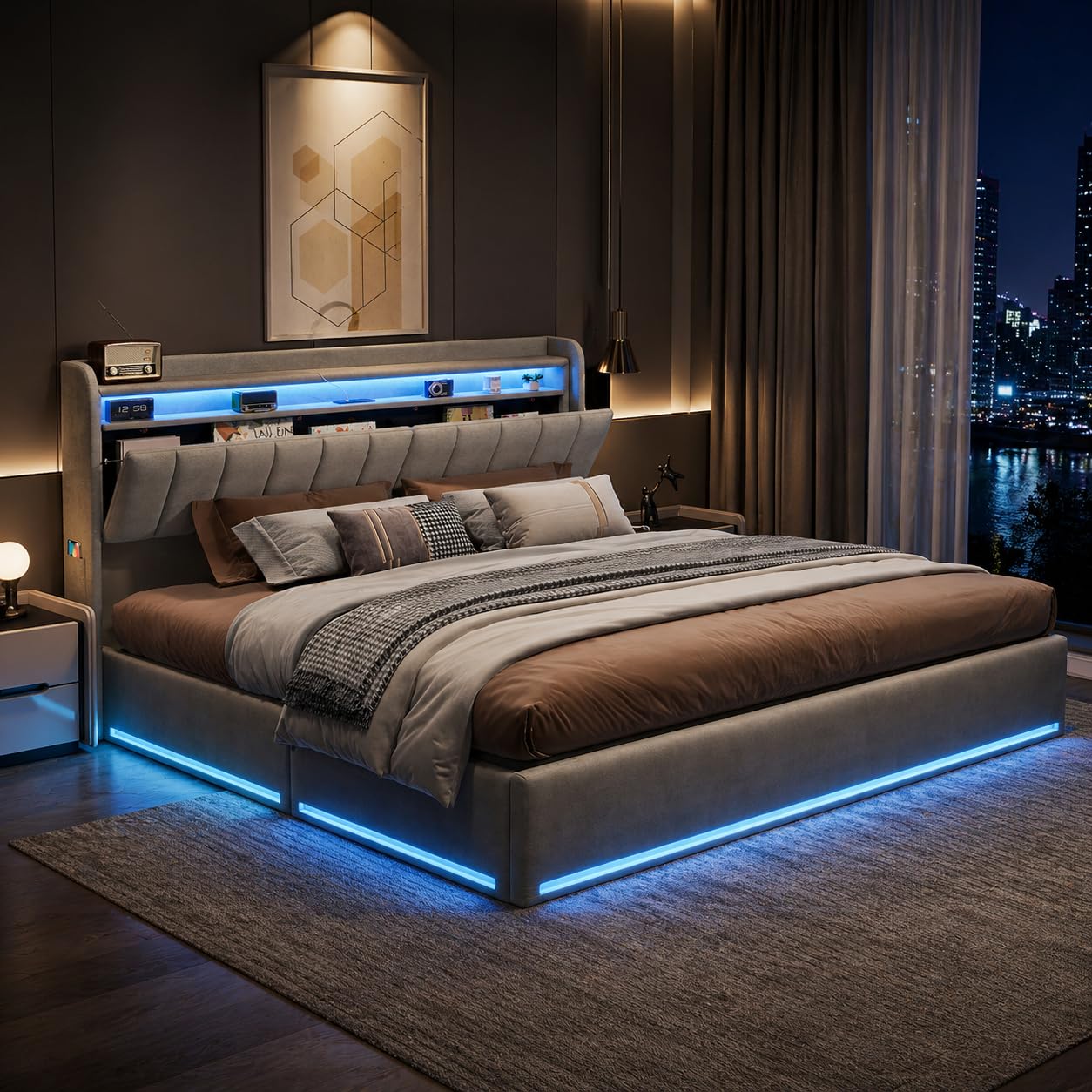 Letto imbottito 140x200 cm, letto con spazio di archiviazione idraulico con LED e stazione di ricarica USB, struttura del letto con rete a doghe e spazio di archiviazione nella testata, letto