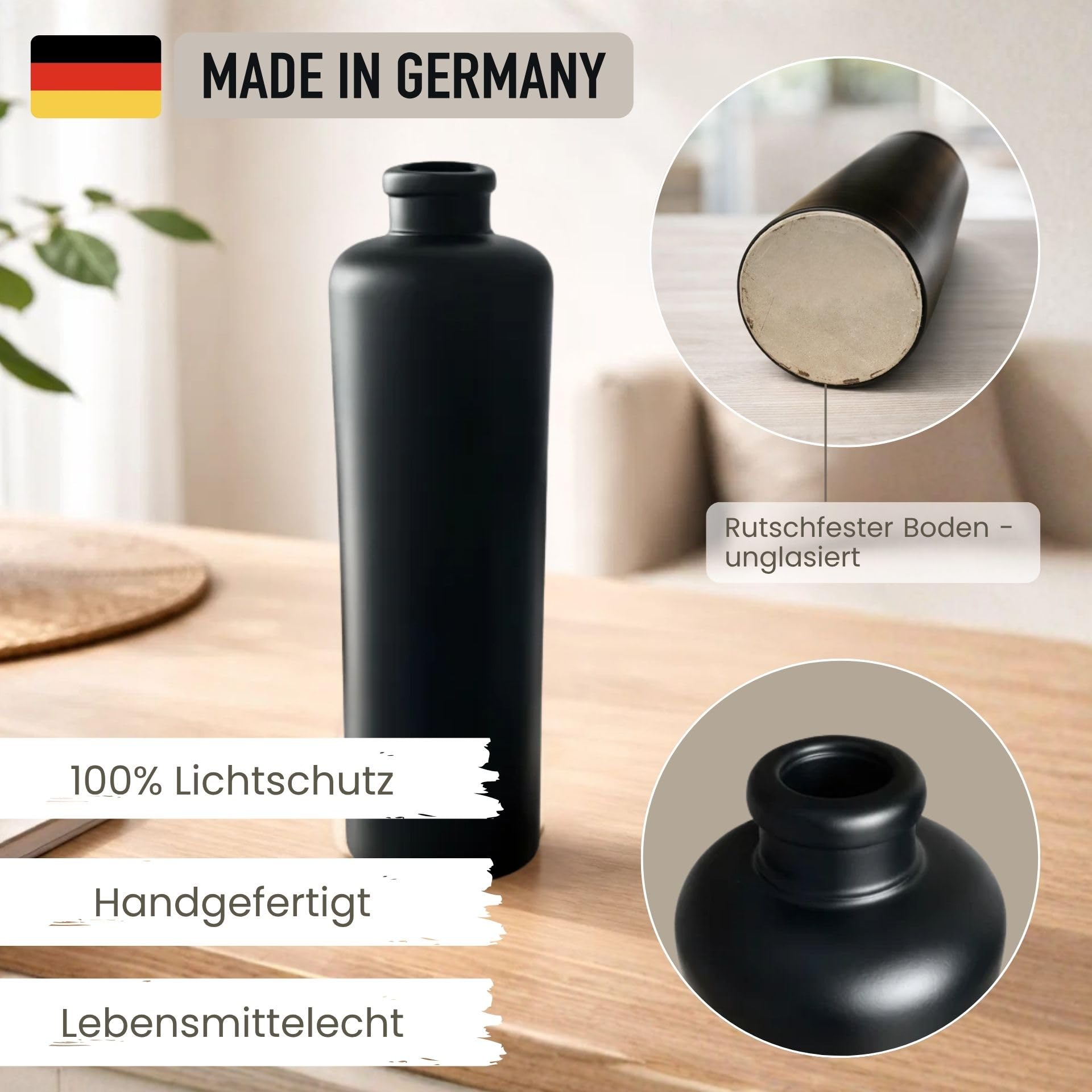 mikken Ölflasche 500 ml Keramik schwarz mit Ausgießer und Etikett Made in Germany