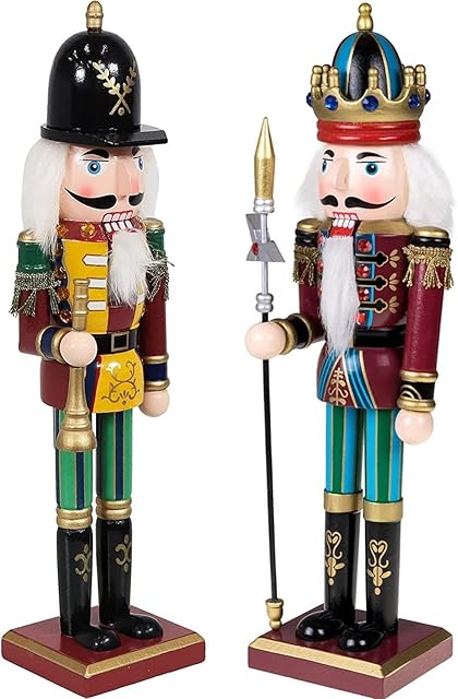 KAHEIGN 2Pcs Wooden Nutcracker Soldiers, 2 Style 30CM Christmas Traditional Nutcracker Figures Premium Pine Wood Painted Soldier for Home Fireplace Christmas Tree Party Decoration (Trumpet & Spear)
