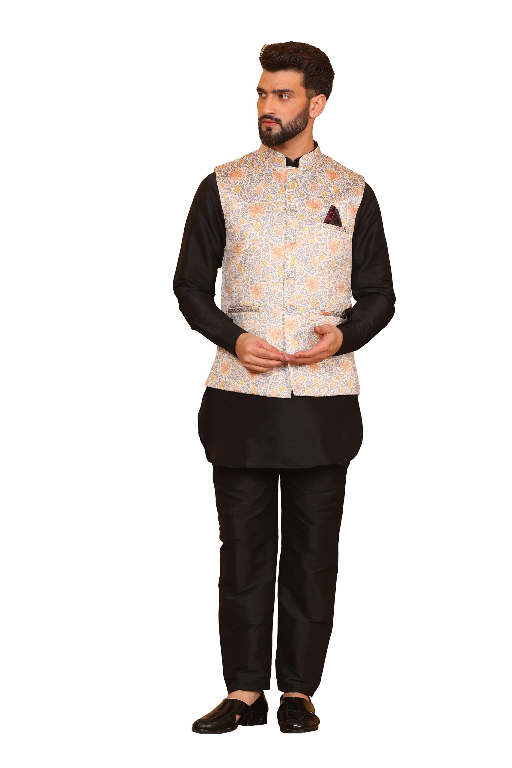 Black Kurta with Pant and Printed Multicolor Modi Jacket Set-image-37