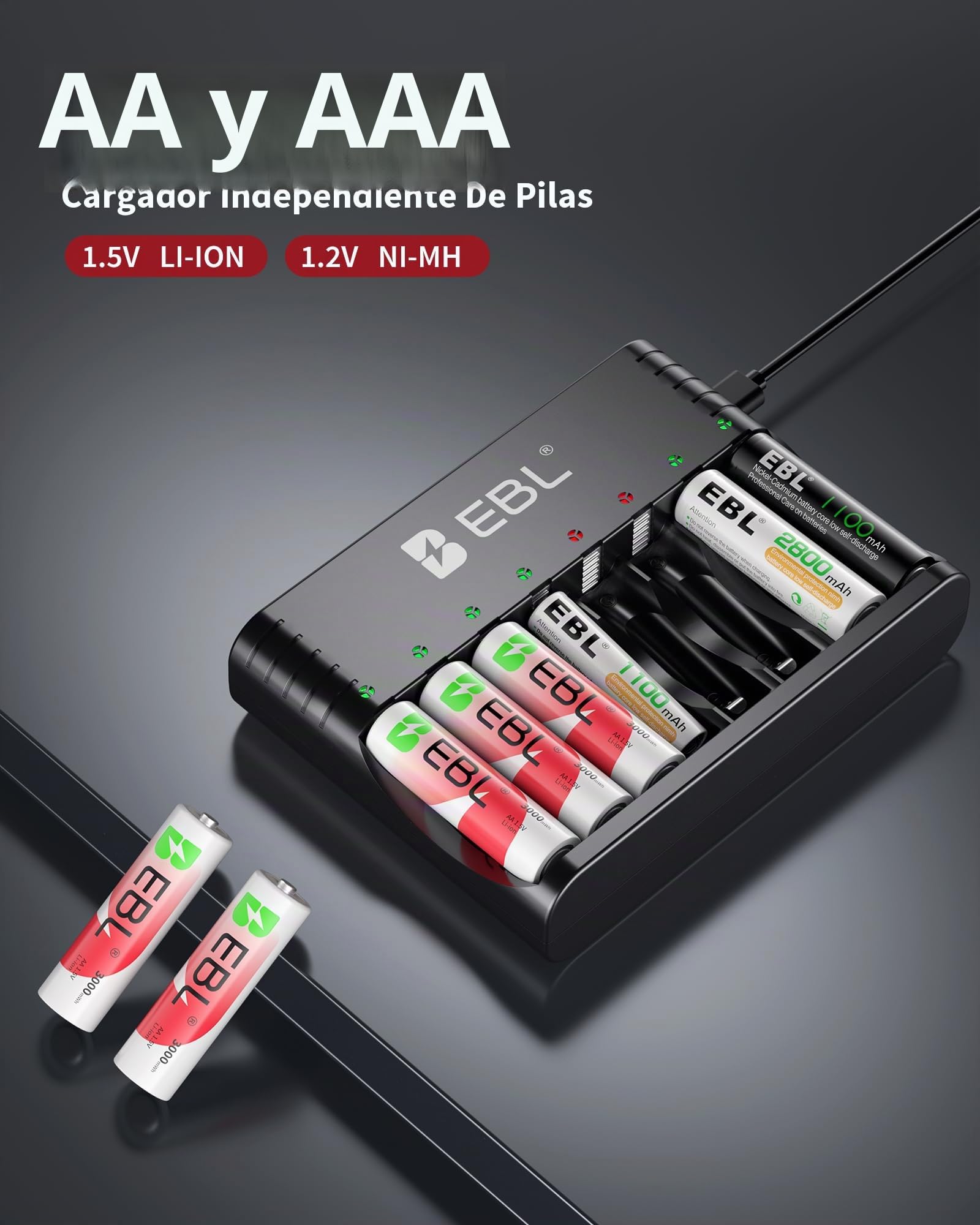 EBL 8 x 3000mWh Pilas Recargables AA 1.5V, Nueva Versión Cargador para 1.2V/1.5V NiMH/Litio AA AAA, 1600Ciclos Larga Duración, 1,5V Batería Litio Constantes para Cámara de Blink/Vigilancia/Caza