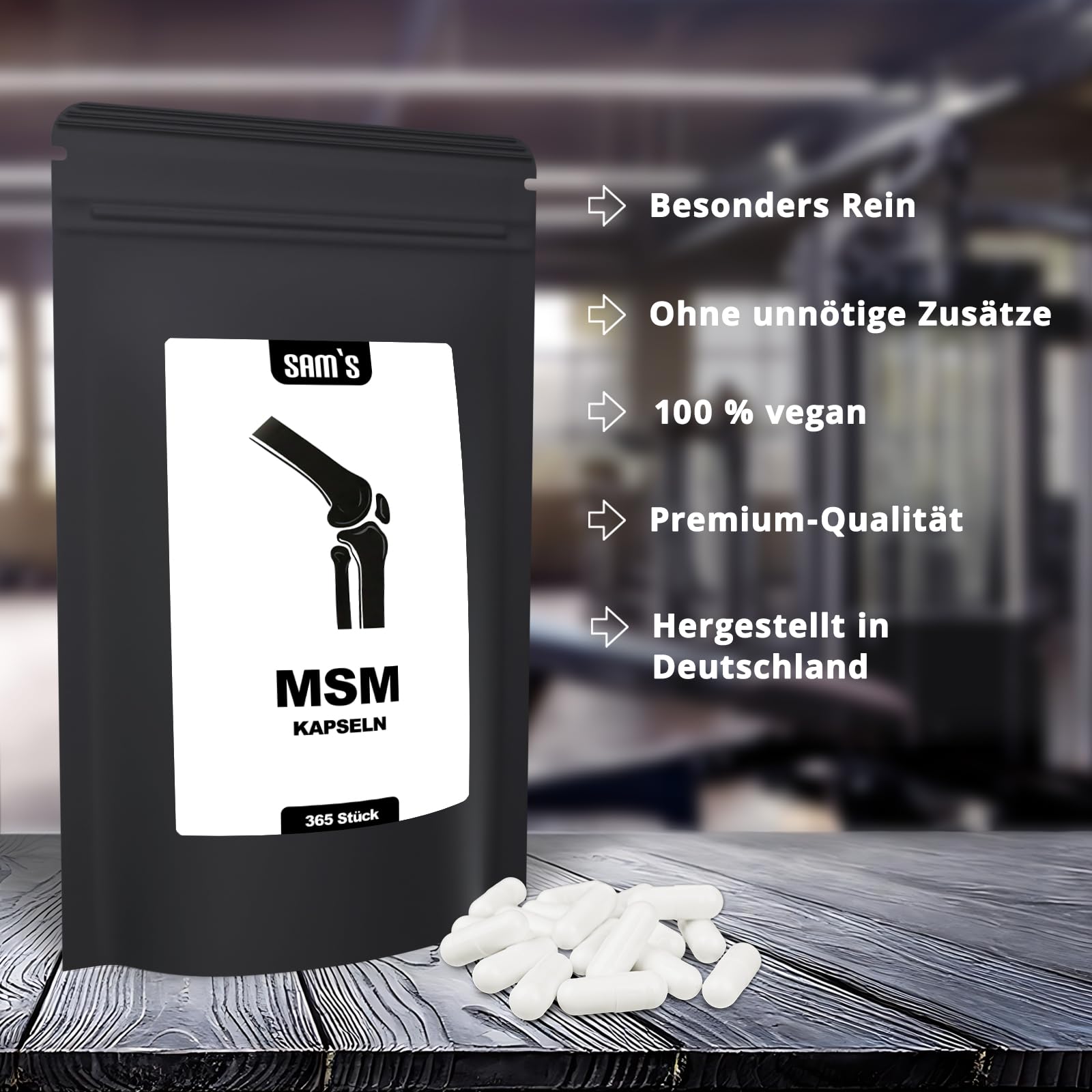 MSM Kapseln hochdosiert - 365 vegane Kapseln MSM mit 1600mg je Tagesdosis - 60-80 Mesh - hoch bioverfügbare organische Schwefel-Verbindung - von SAM'S